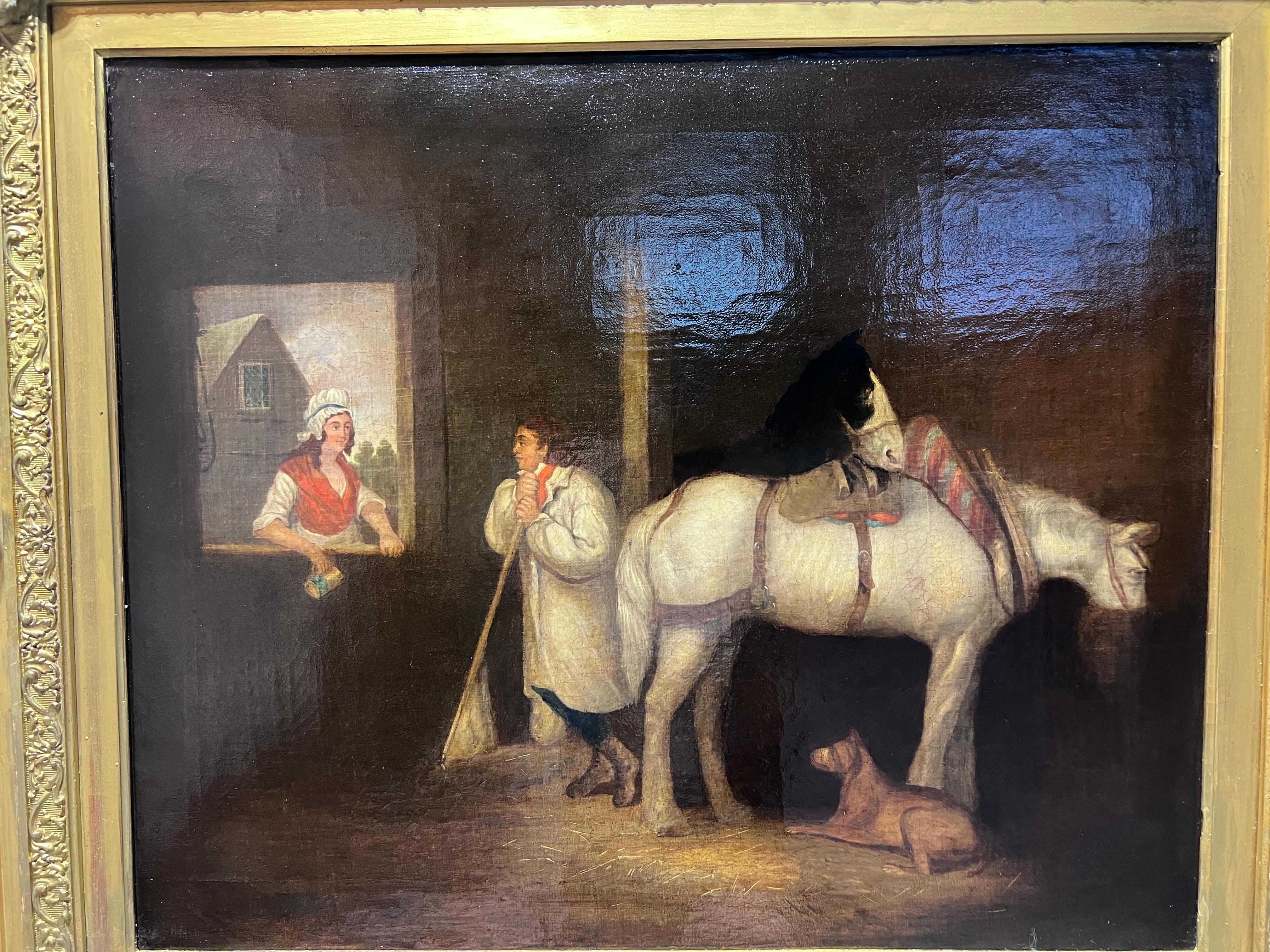 Up&Up est une peinture à l'huile sur toile ancienne du 19ème siècle.  représentant une charmante scène rurale, capturant un moment de la vie quotidienne à la campagne. Sur la gauche, une femme se penche à la fenêtre d'un chalet, tenant un balai et