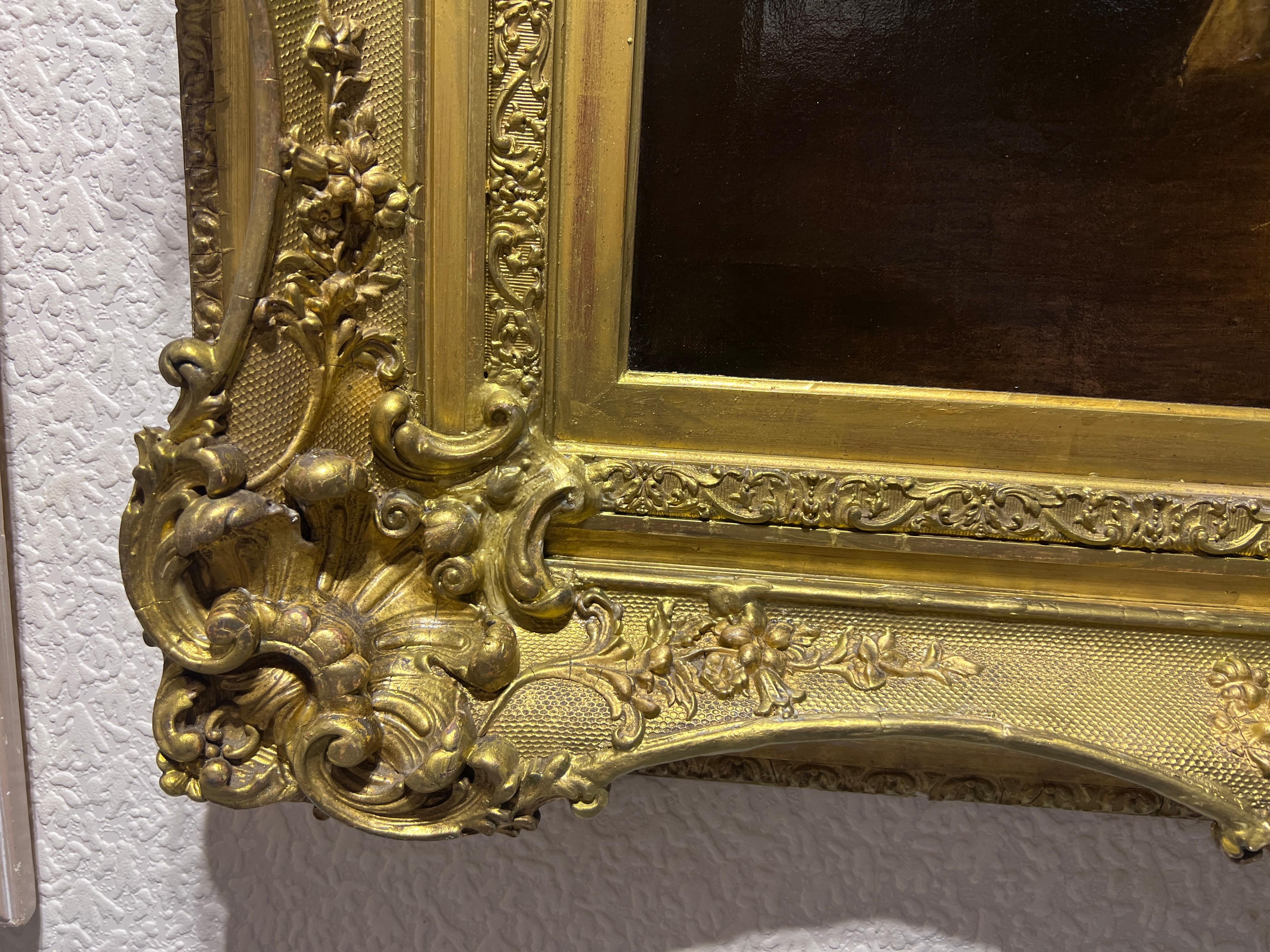 Original Antiquités 19ème siècle peinture à l'huile sur toile Scène de genre, cadre magnifique en vente 1