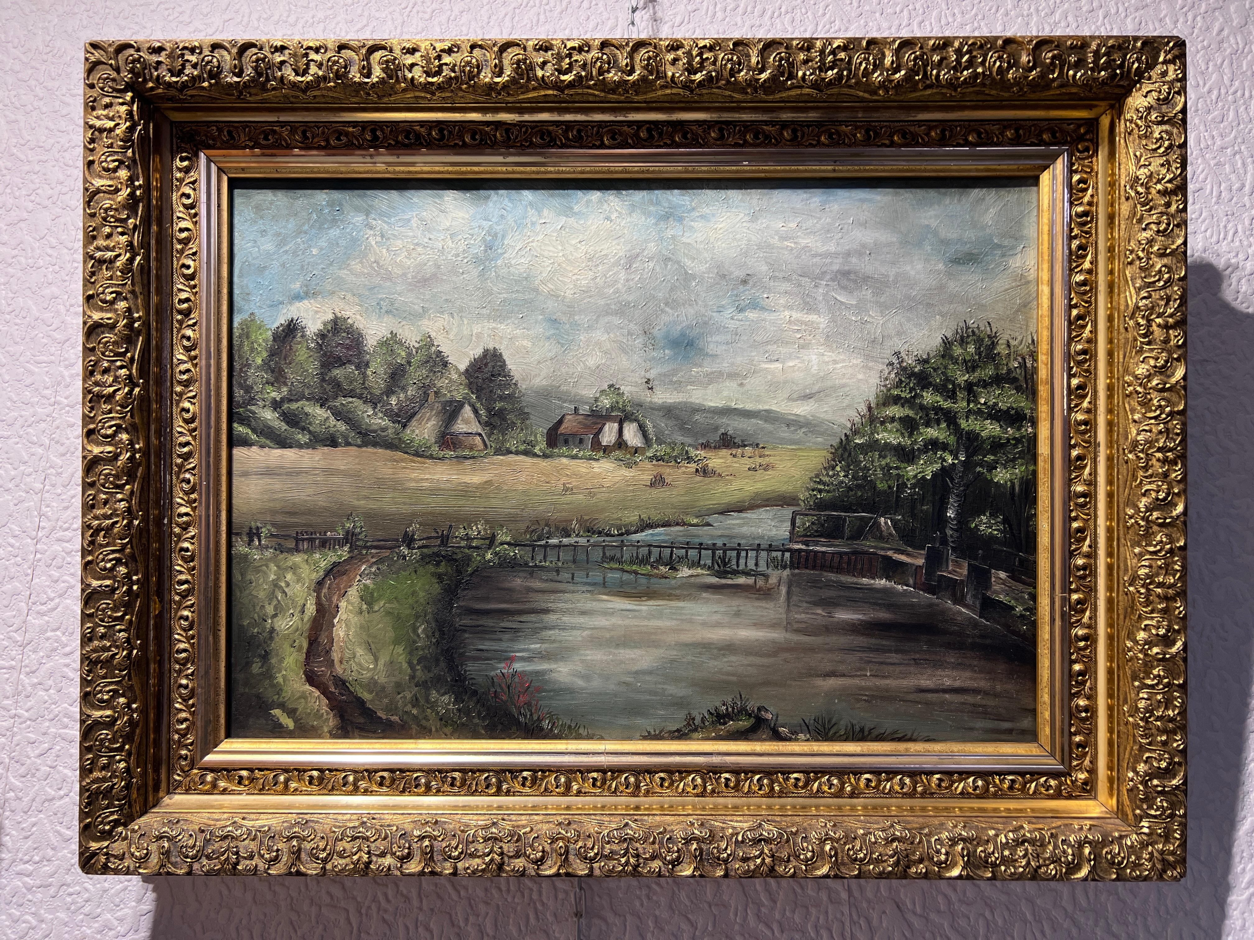 Original Antique oil painting on canvas, Rural Landscape, Unsigned, Gold Frame - Painting by Unknown