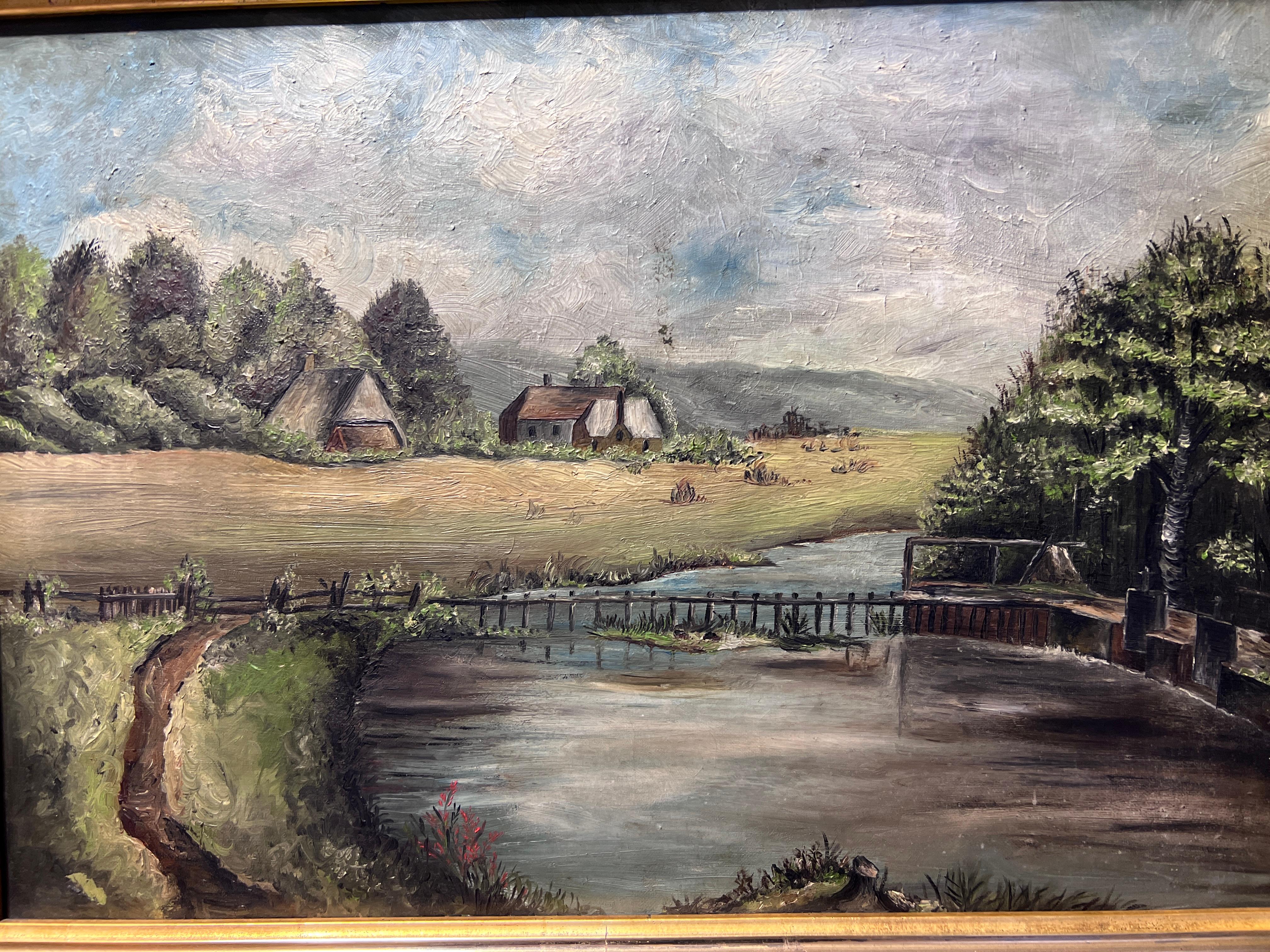Original Antique oil painting on canvas, Rural Landscape, Unsigned, Gold Frame - Impressionist Painting by Unknown