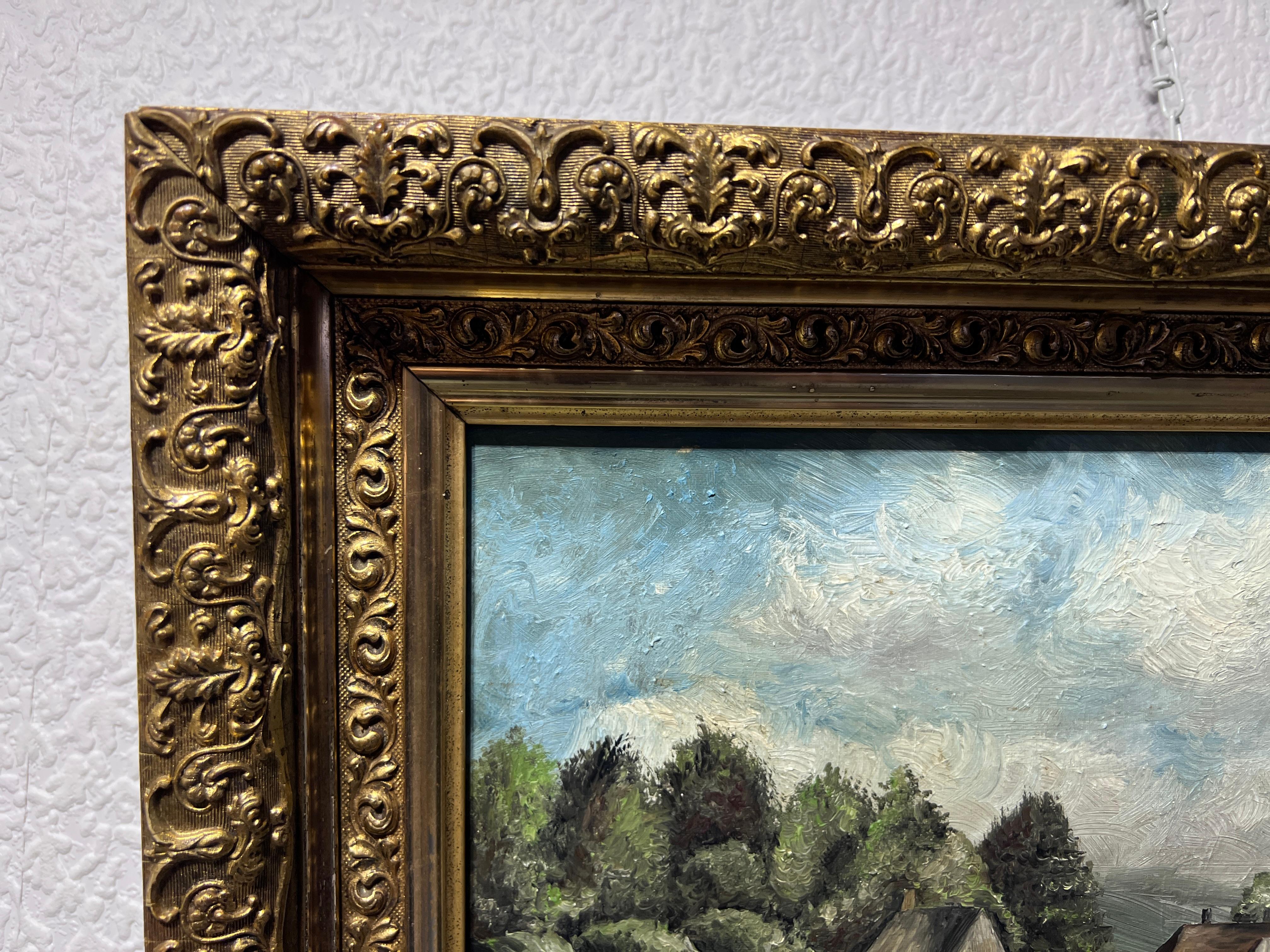 Original Antique oil painting on canvas, Rural Landscape, Unsigned, Gold Frame For Sale 1