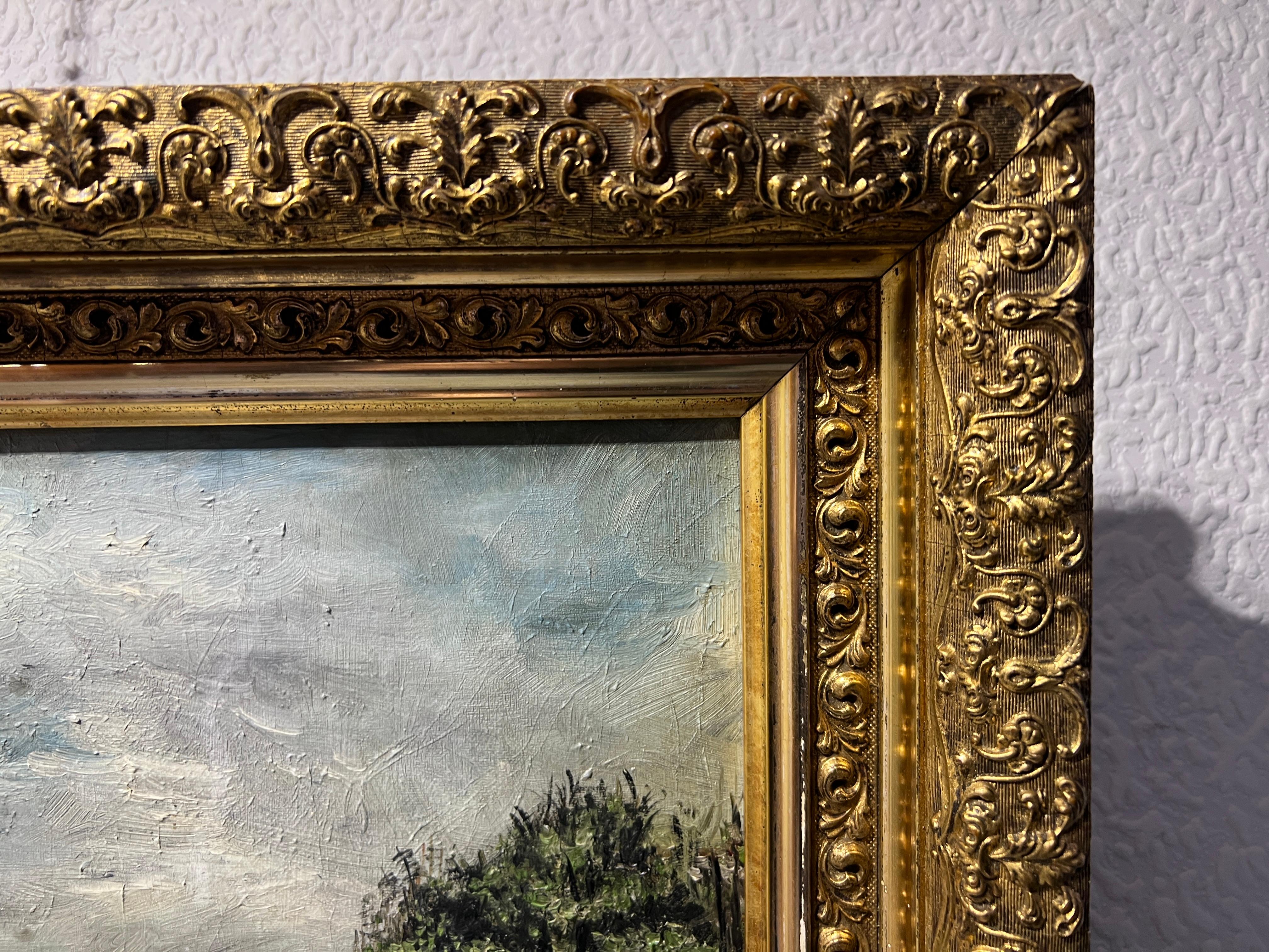 Original Antique oil painting on canvas, Rural Landscape, Unsigned, Gold Frame For Sale 2