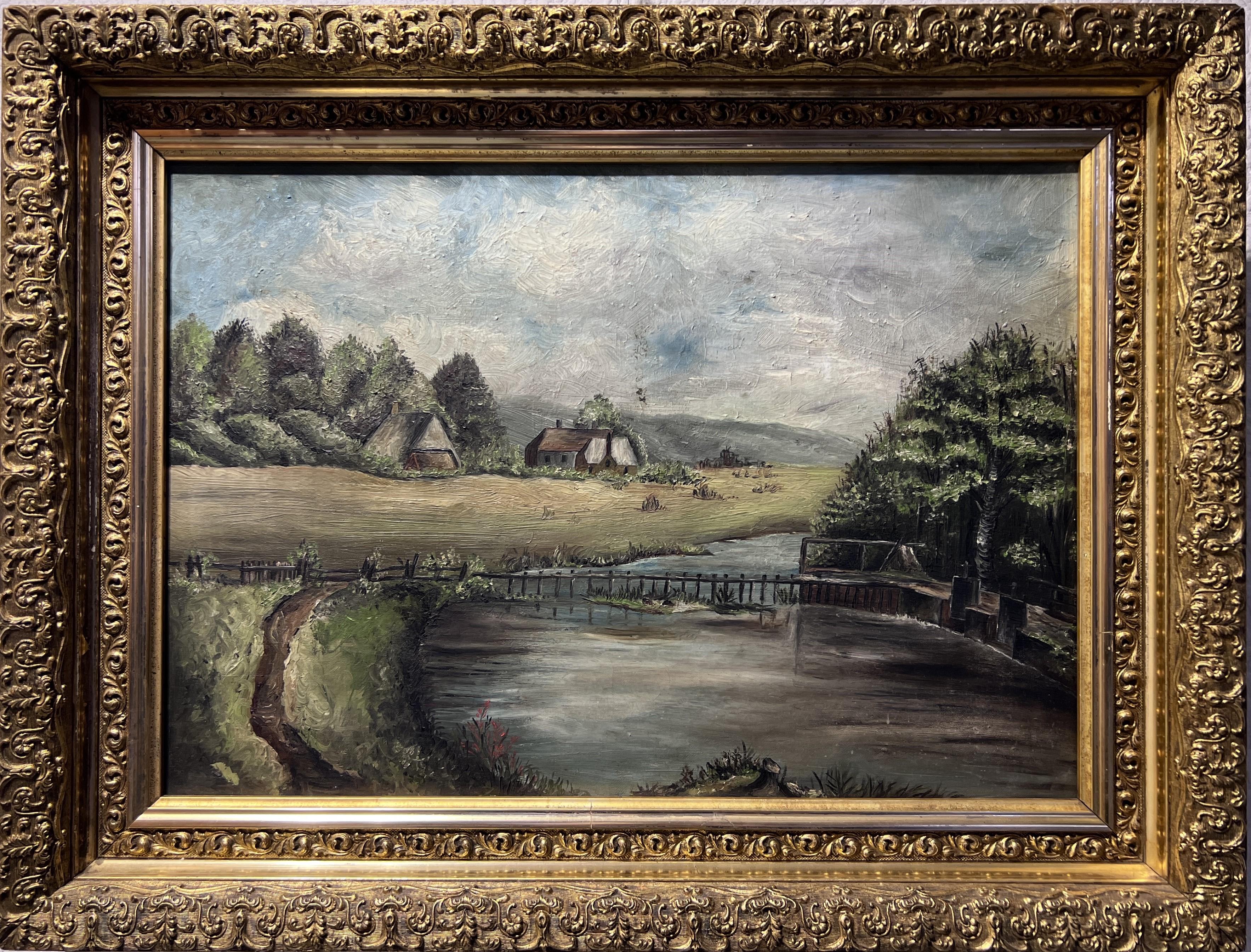 Unknown Landscape Painting – Original Antikes Ölgemälde auf Leinwand, ländliche Landschaft, unsigniert, Goldrahmen