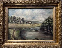Peinture à l'huile ancienne originale sur toile, paysage rural, non signée, cadre doré