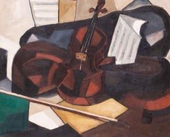 Natura morta cubista originale dipinta ad olio con un violino, French mid 20th Century