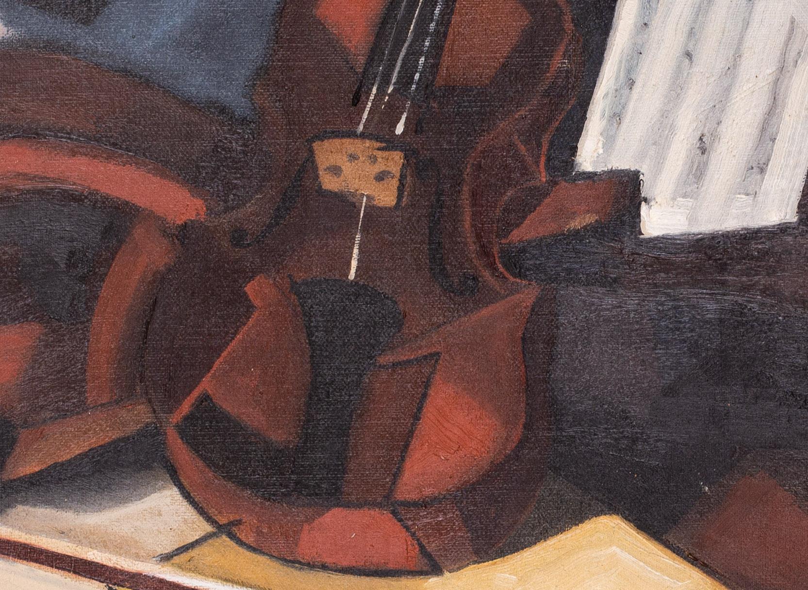 Original Cubist still life oil painting of a violin, French mid 20th Century - Beige Still-Life Painting by Unknown