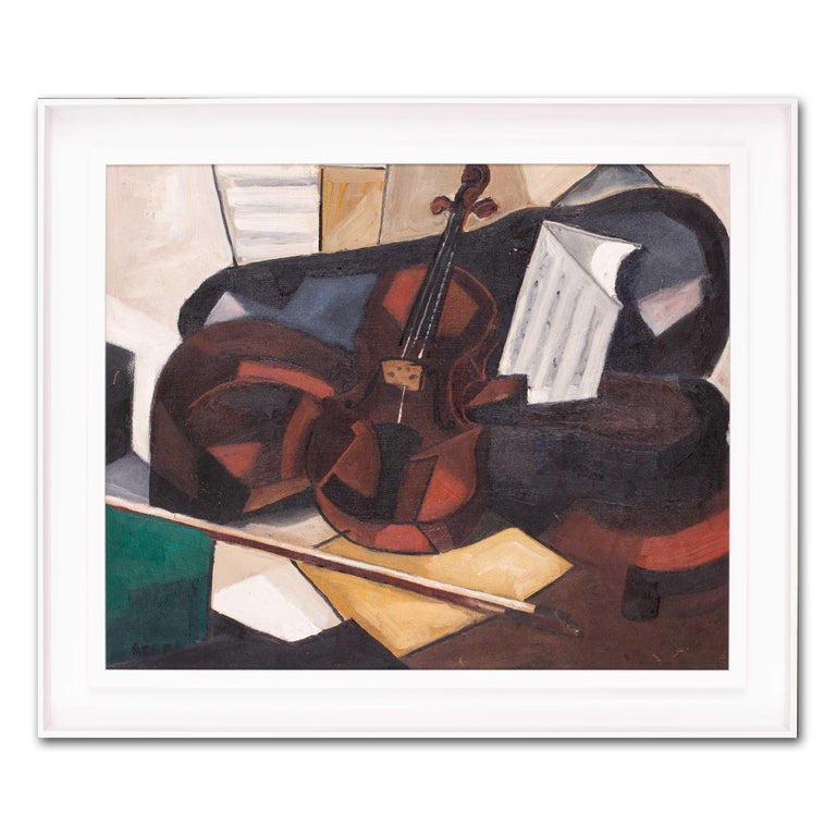 Original Cubist still life oil painting of a violin, French mid 20th Century For Sale 3