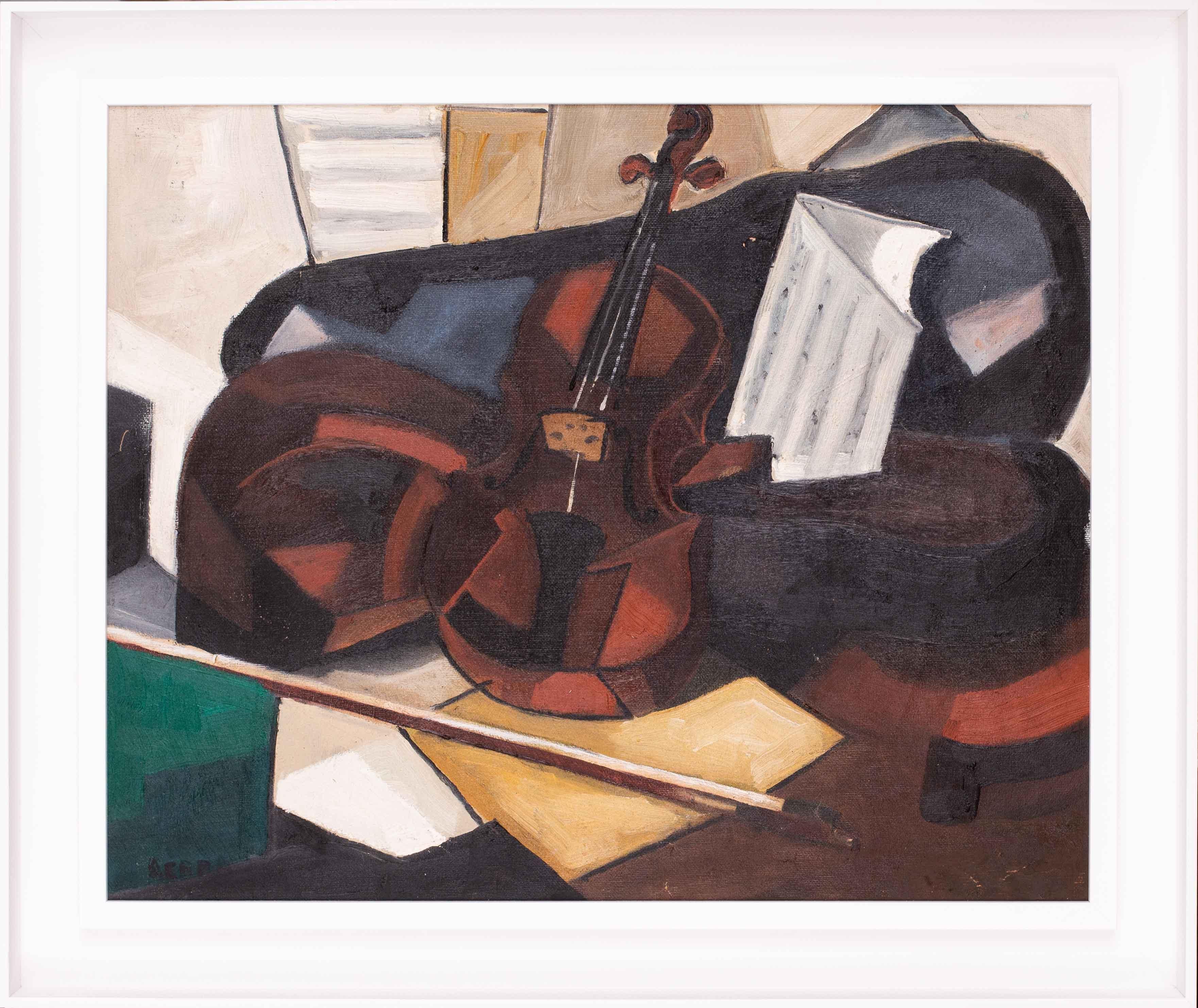 Originales kubistisches Stillleben-Ölgemälde einer Geige, Französisch Mitte des 20. Jahrhunderts