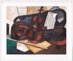 Nature morte à l'huile cubiste originale représentant un violon, France, milieu du 20e siècle