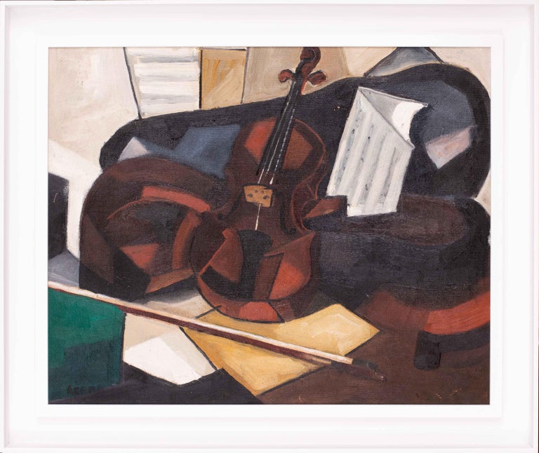 Unknown Still-Life Painting - Original Cubist still life oil painting of a violin, French mid 20th Century