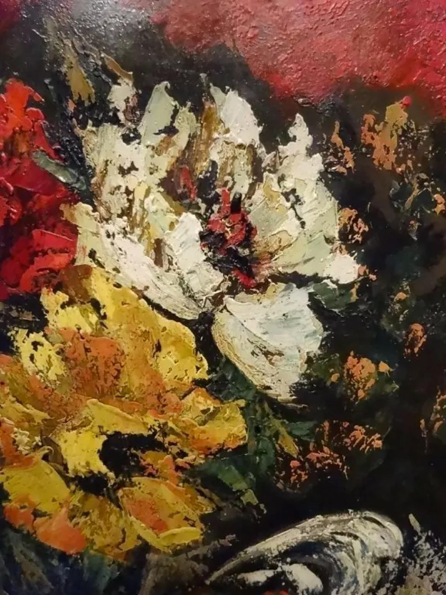 Gorgeous Floral Still Life Oil Painting  Impasto Oil on Canvas  Hand Signed By Artist Lower Center  Very Nicely Housed in Large Gold Frame Dimensions: Large 38 H x 33 W  Designer’s Favorite.