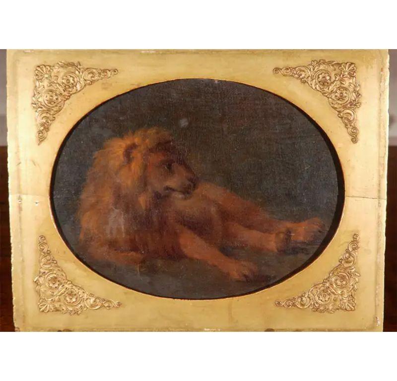 Original, French Painting of a Recumbent Lion For Sale 1