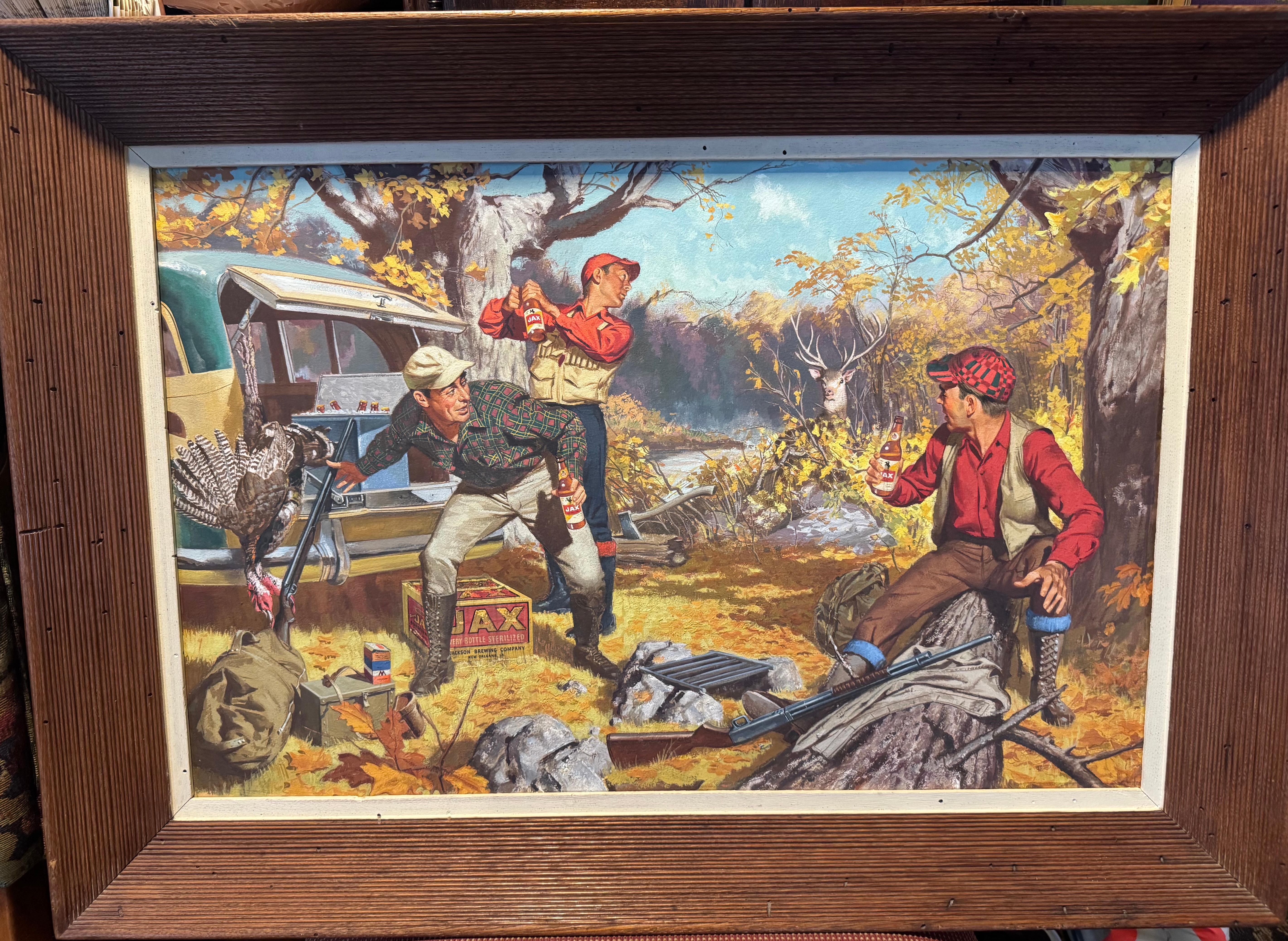 Anuncio original de cerveza JAX, ilustración de una escena de caza otoñal - Landscape Painting Marrón de Unknown