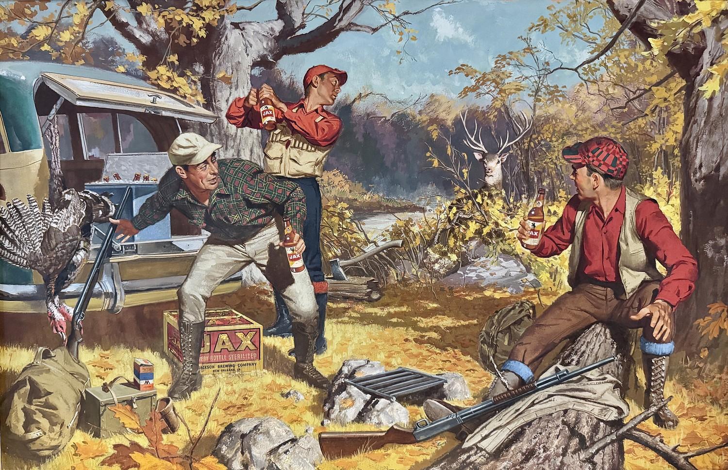 Landscape Painting de Unknown - Anuncio original de cerveza JAX, ilustración de una escena de caza otoñal