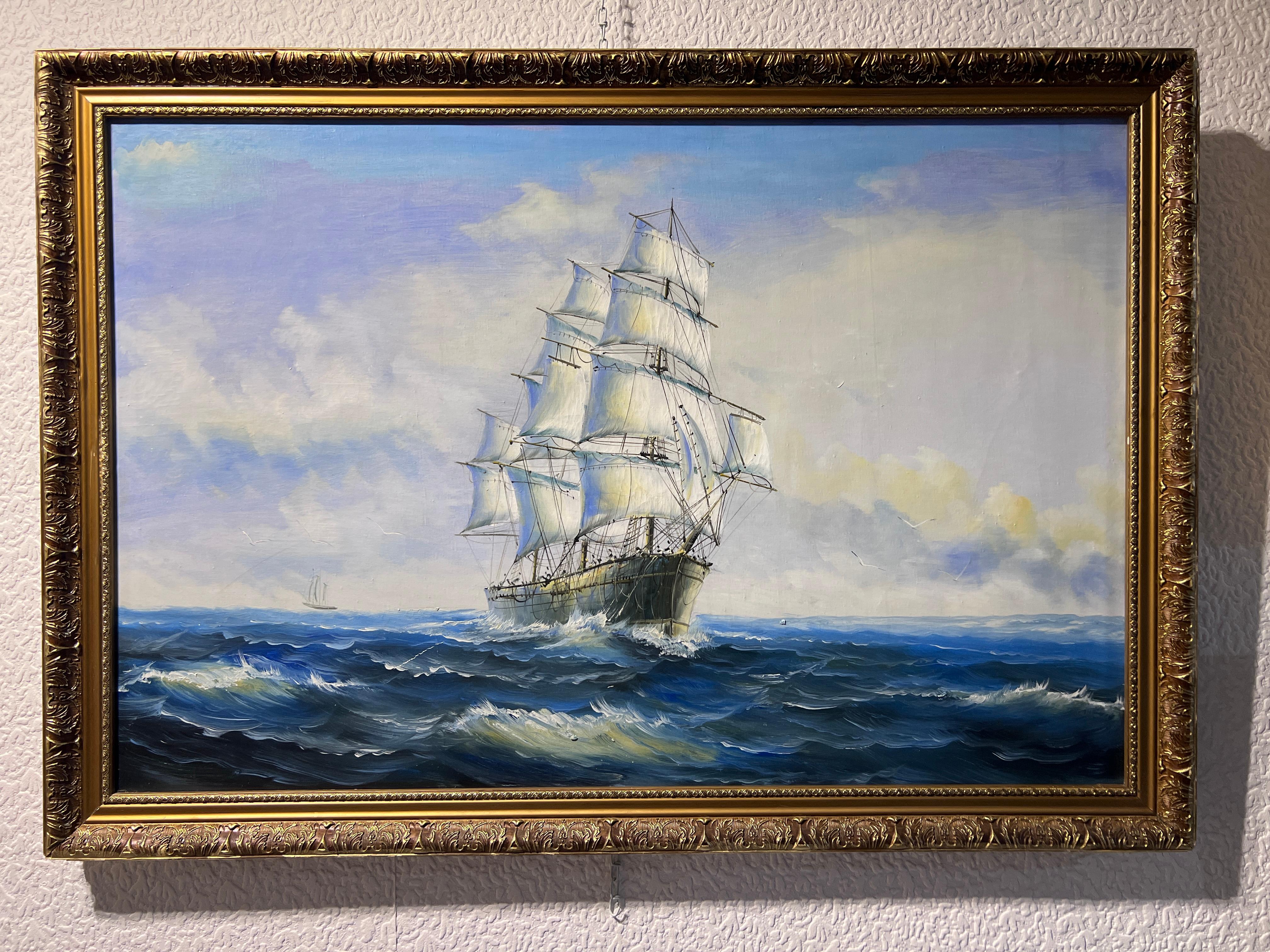 Original Large oil painting on canvas Seascape, Clipper ship, Gold Frame For Sale 6