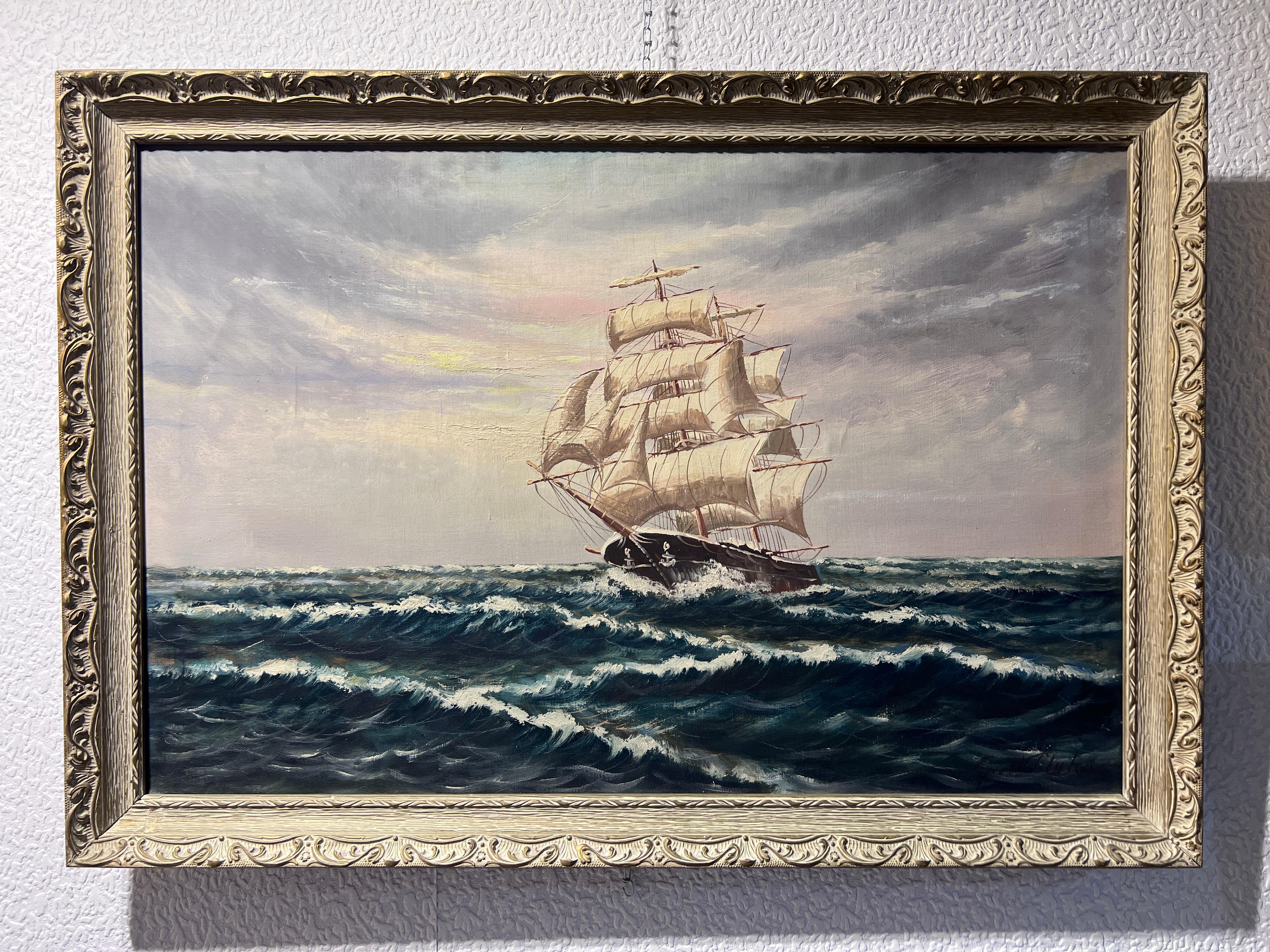 Grande dipinto ad olio su tela originale Paesaggio marino, nave Clipper, cornice dorata - Painting di Unknown