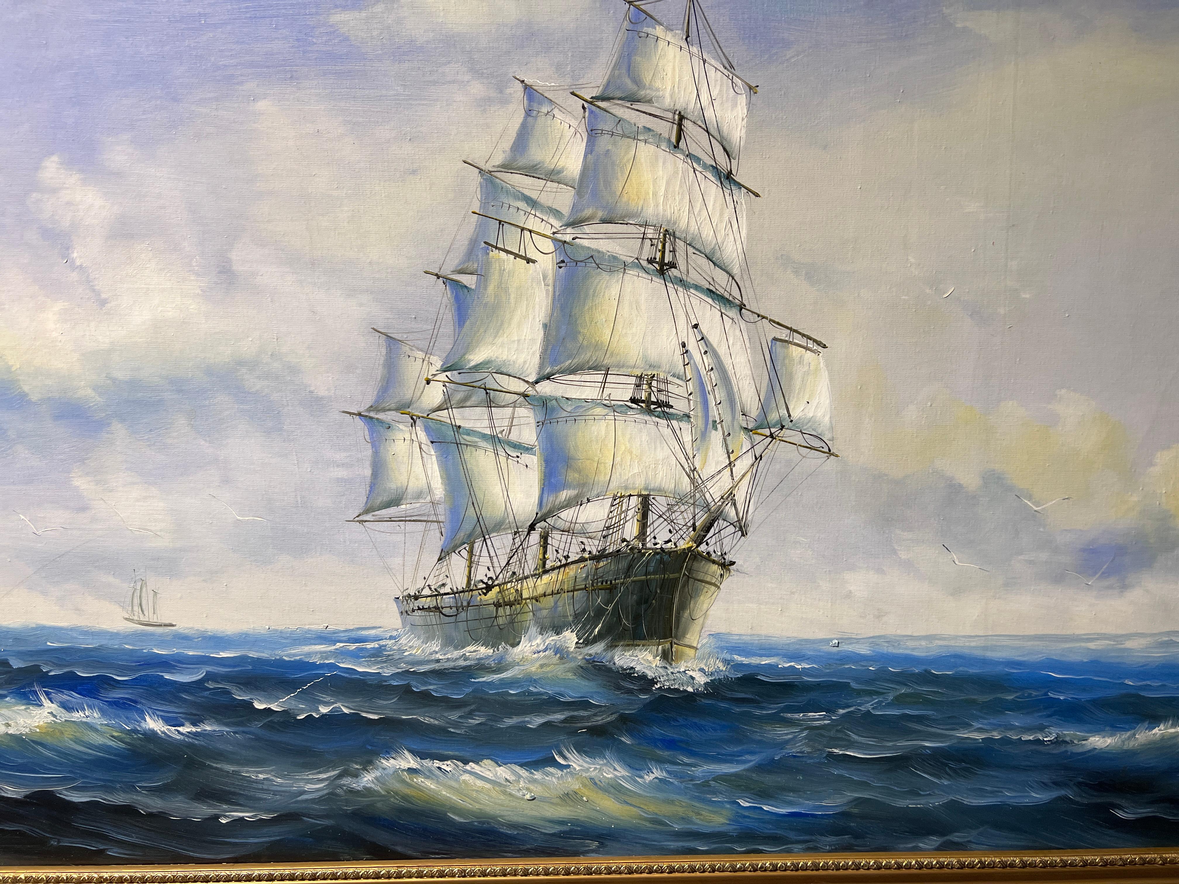 Original Large oil painting on canvas Seascape, Clipper ship, Gold Frame - Impressionist Painting by Unknown