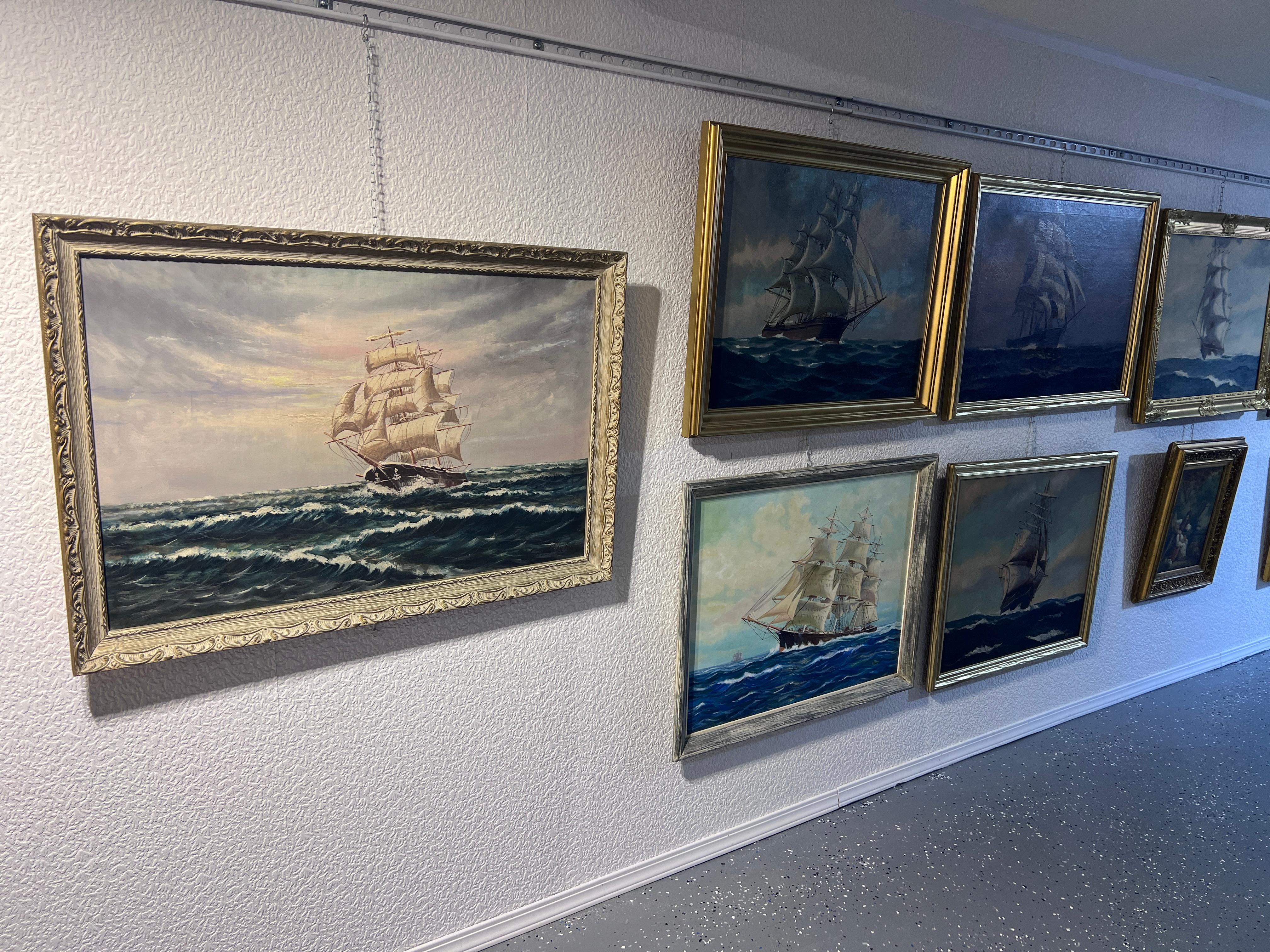 Grande dipinto ad olio su tela originale Paesaggio marino, nave Clipper, cornice dorata - Landscape Painting Grigio di Unknown