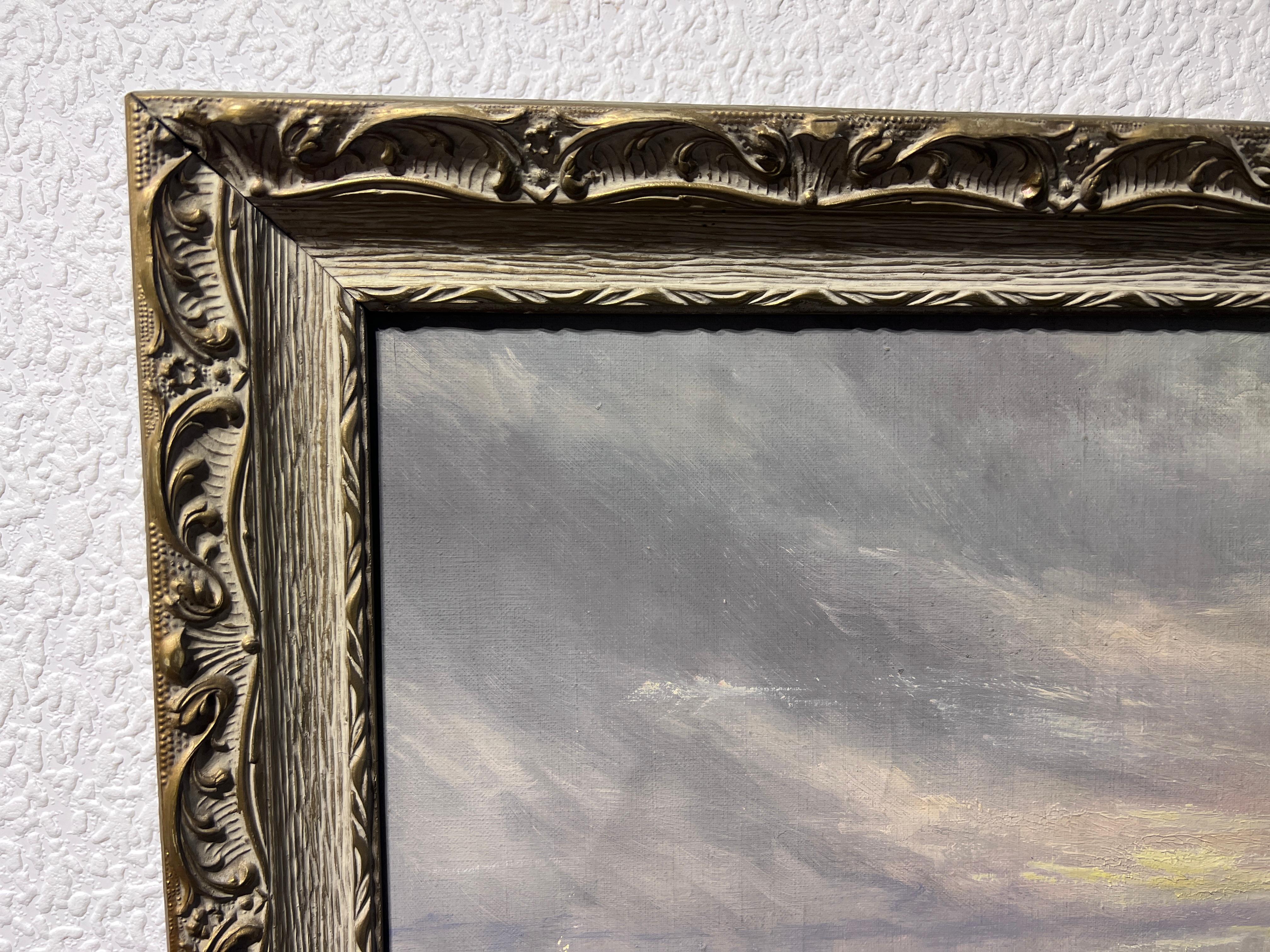 Grande dipinto ad olio su tela originale Paesaggio marino, nave Clipper, cornice dorata 1