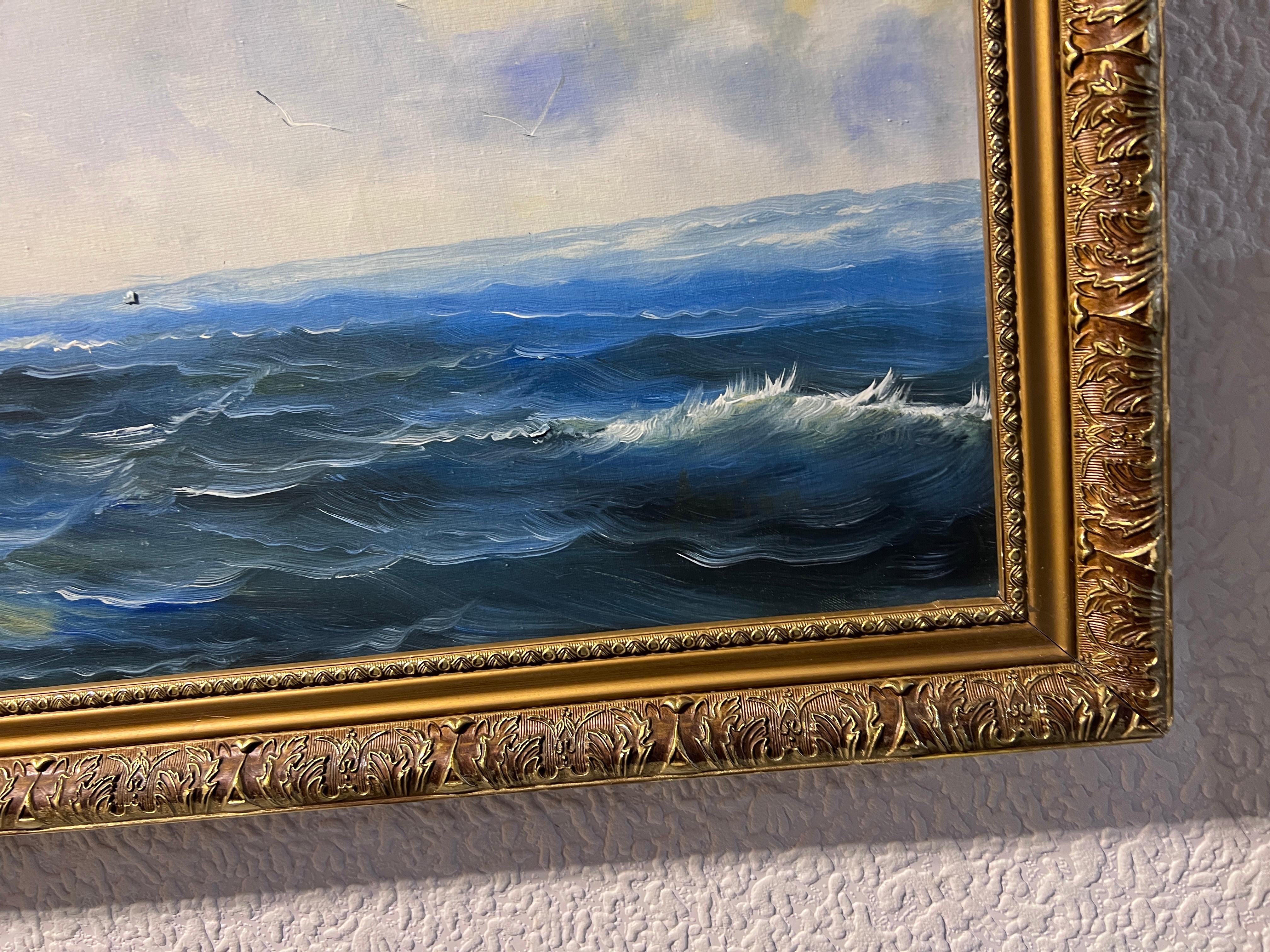 Original Large oil painting on canvas Seascape, Clipper ship, Gold Frame For Sale 2