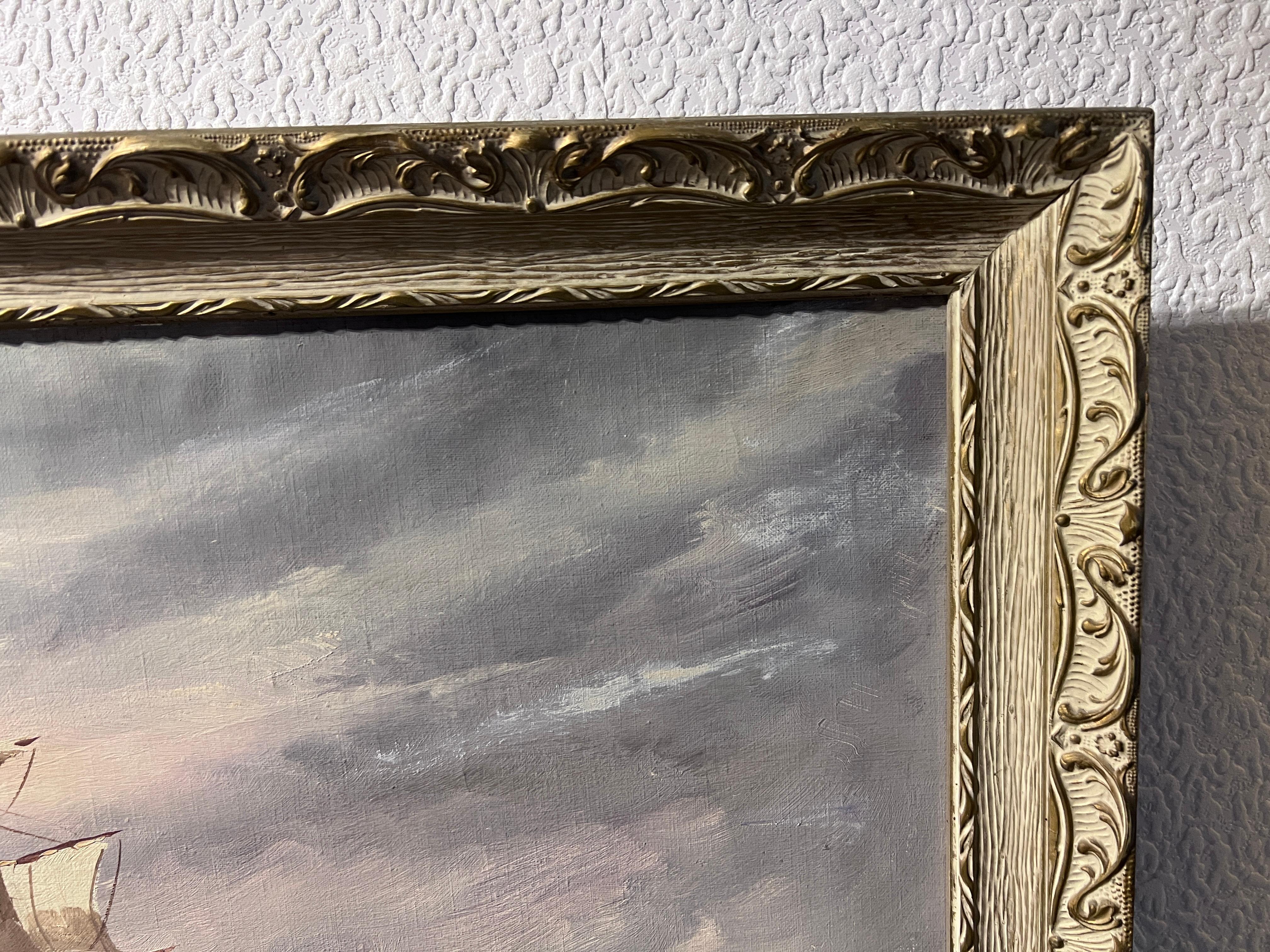 Grande dipinto ad olio su tela originale Paesaggio marino, nave Clipper, cornice dorata 2
