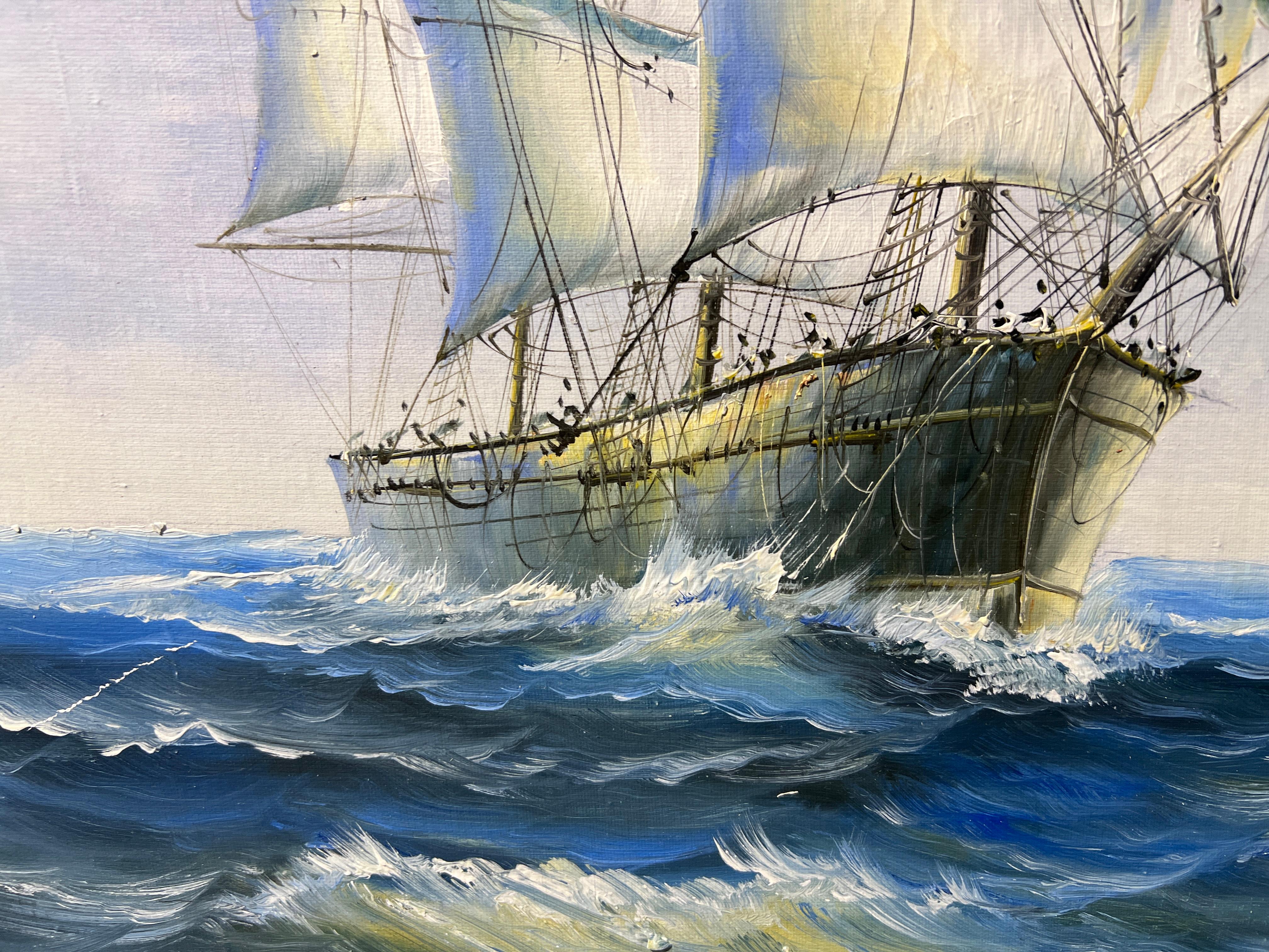 Original Large oil painting on canvas Seascape, Clipper ship, Gold Frame For Sale 4