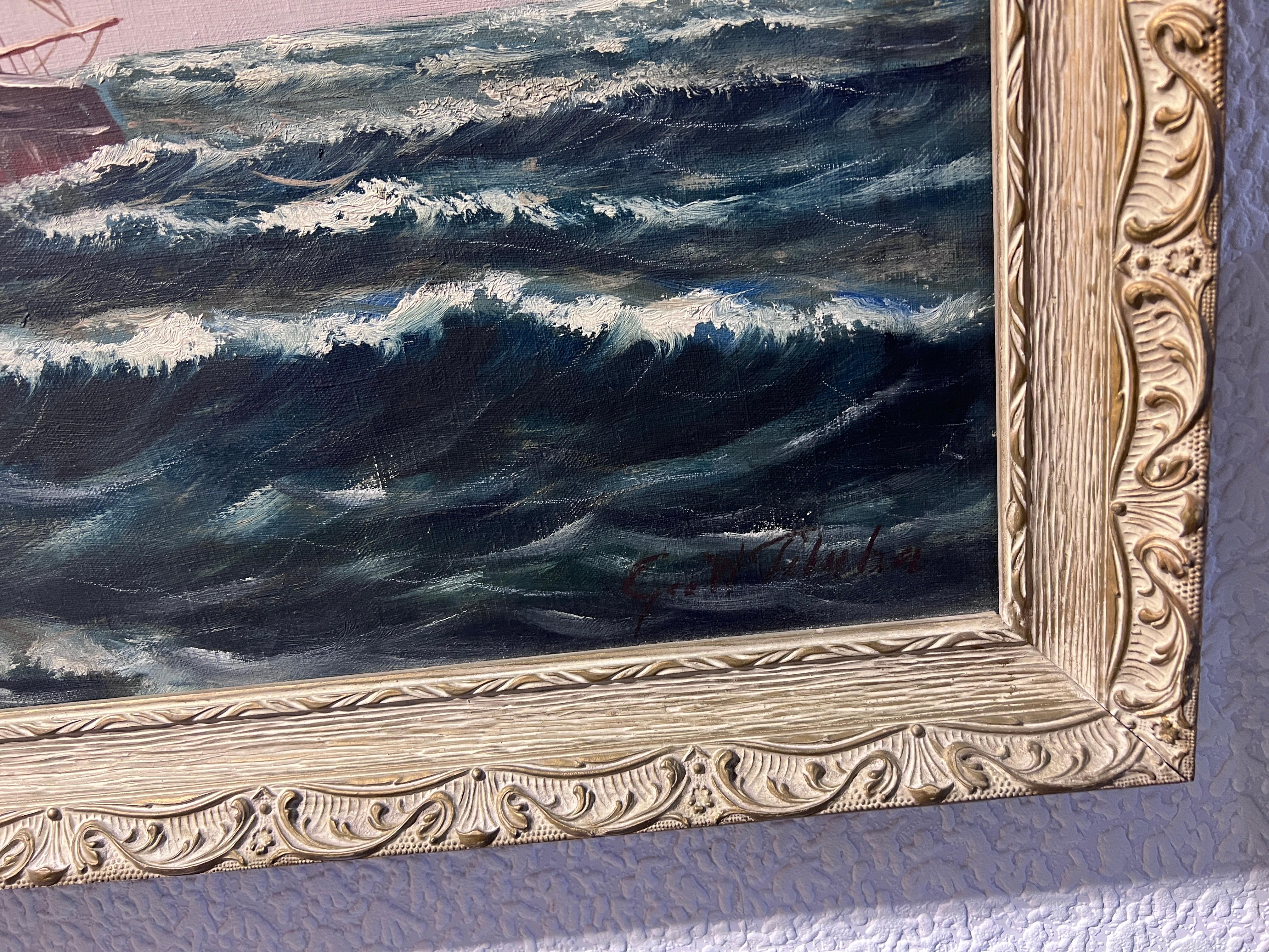 Grande dipinto ad olio su tela originale Paesaggio marino, nave Clipper, cornice dorata 3