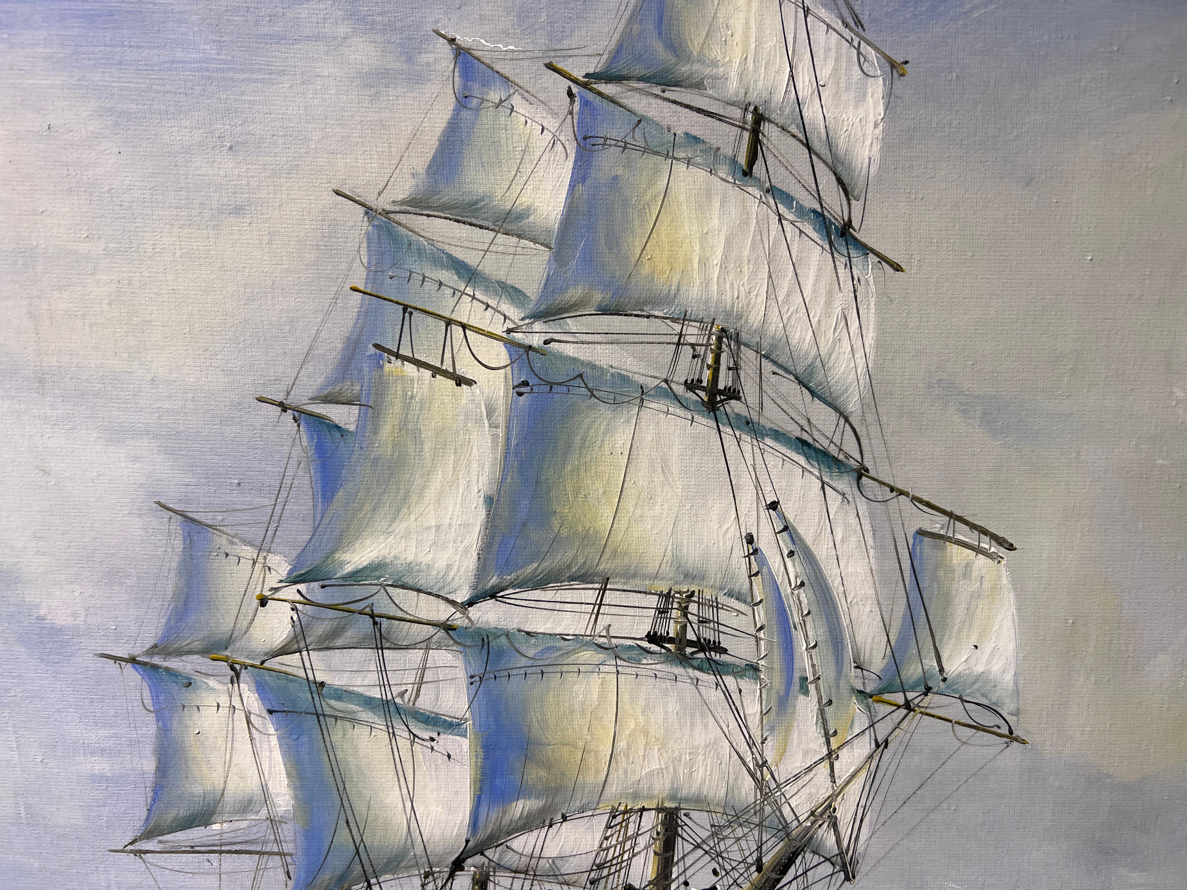 Original Large oil painting on canvas Seascape, Clipper ship, Gold Frame For Sale 5