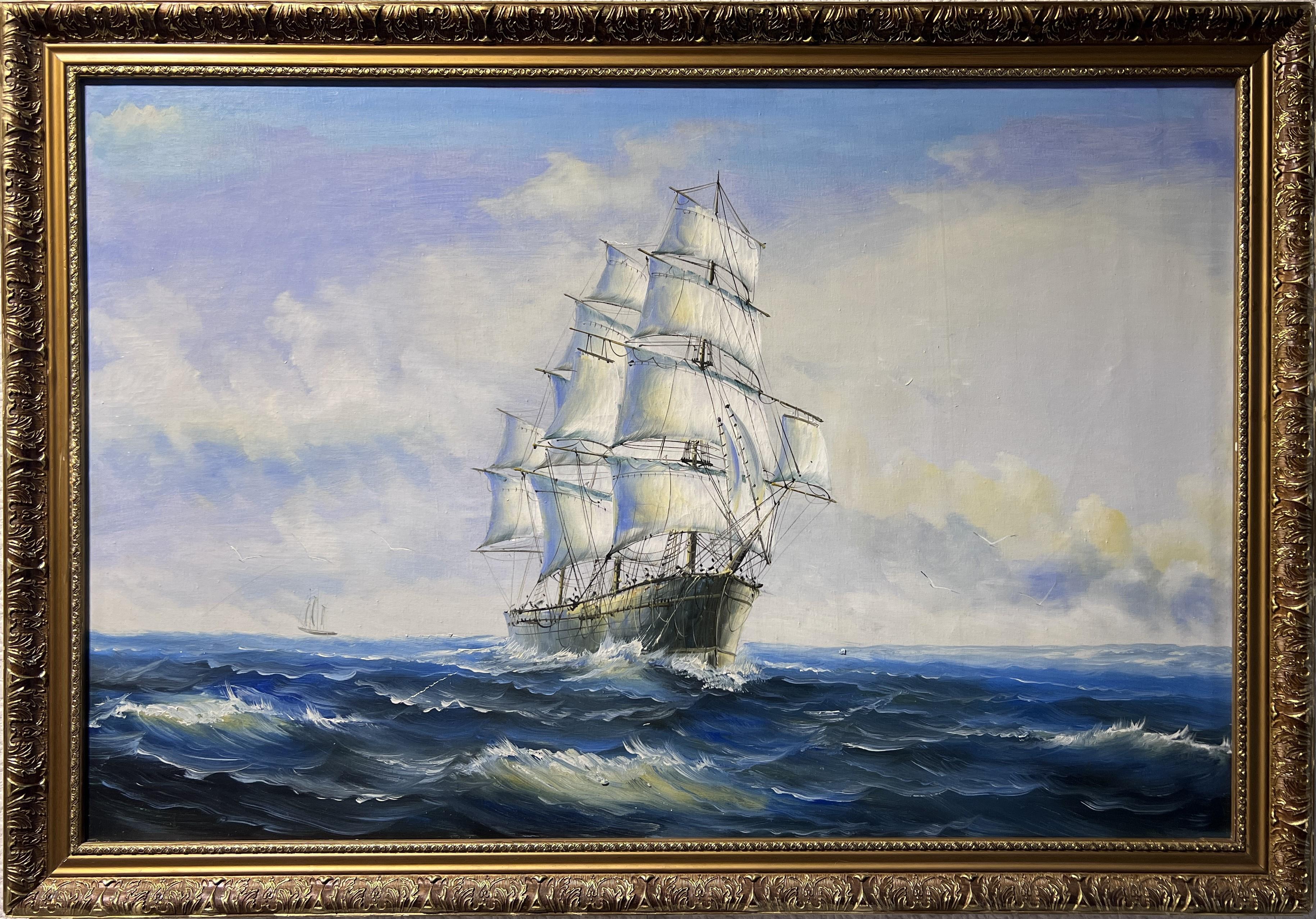 Unknown Landscape Painting - Original Large oil painting on canvas Seascape, Clipper ship, Gold Frame