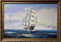 Großes Original-Ölgemälde auf Leinwand Meereslandschaft, Clipper Schiff, Goldrahmen