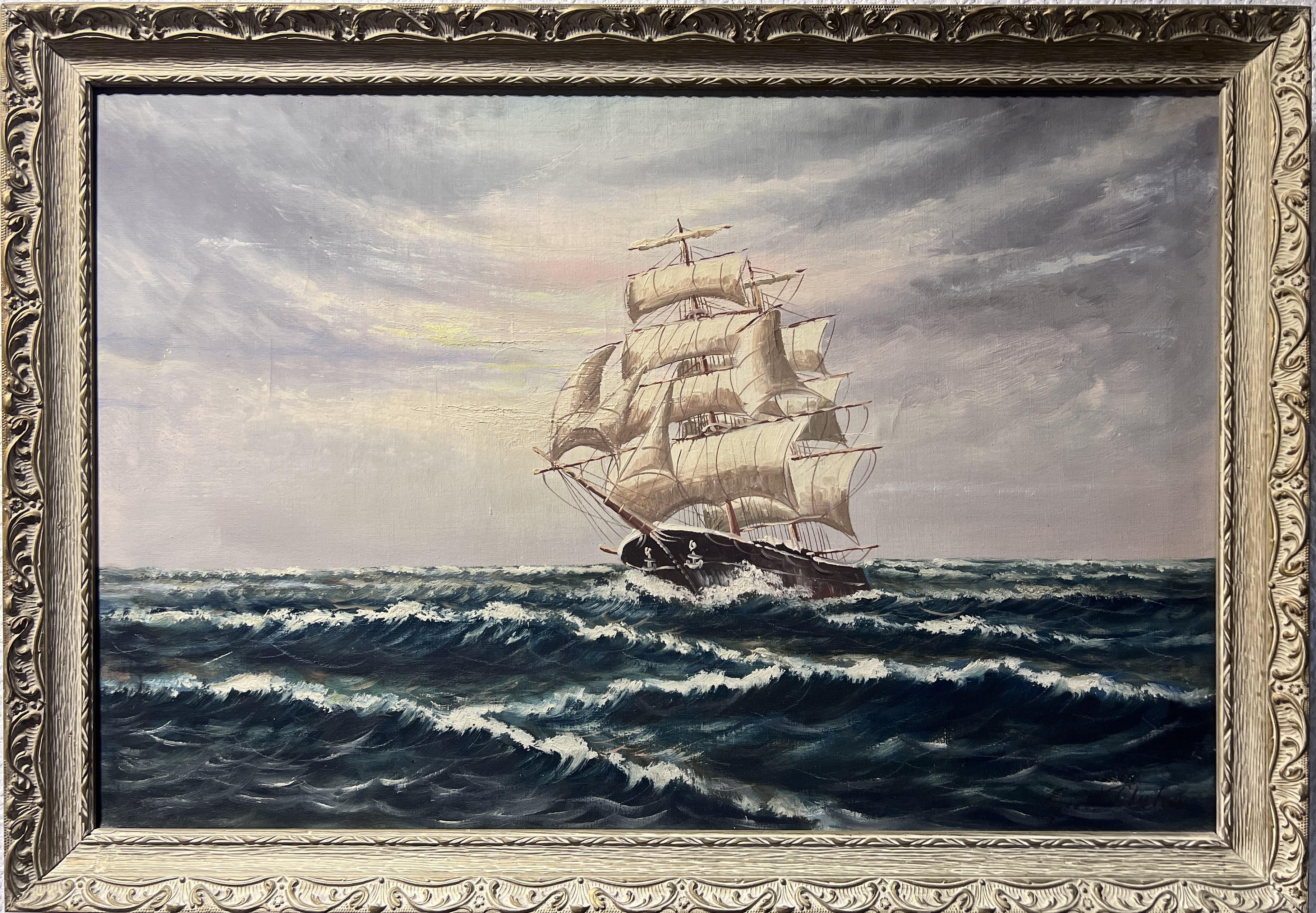 Landscape Painting di Unknown - Grande dipinto ad olio su tela originale Paesaggio marino, nave Clipper, cornice dorata