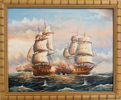 Original Marine Naval Battle Oil Painting Sailing Ships Seascape Framed, Signed