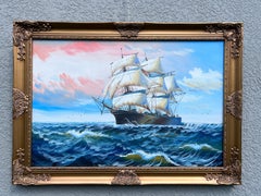 Original Marine Oil Painting Tall Ship on Open Sea  Nautical Seascape Art
