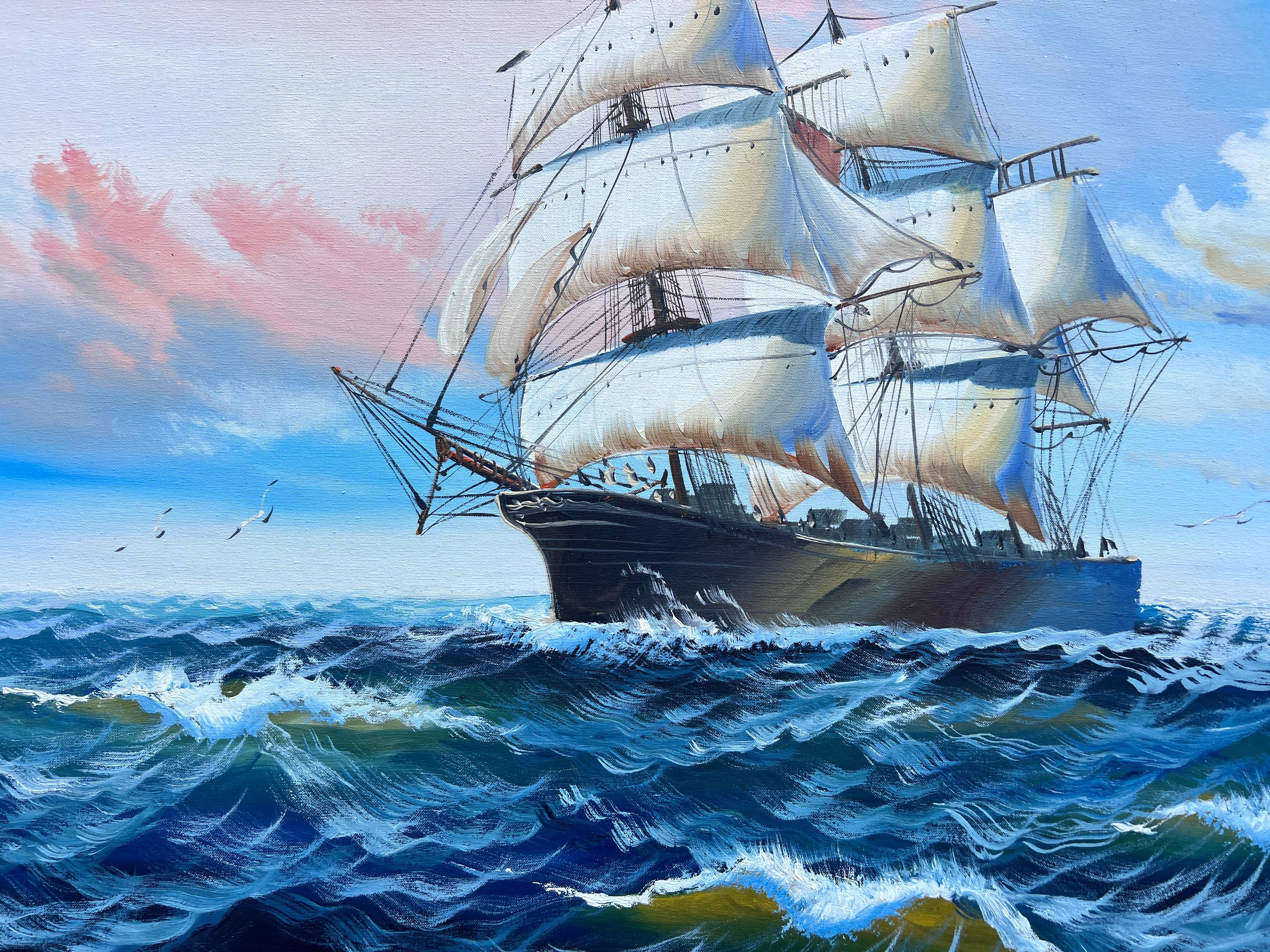 Original Marine Ölgemälde Großes Schiff auf offener See  Nautische Seelandschaftskunst (Impressionismus), Painting, von Unknown