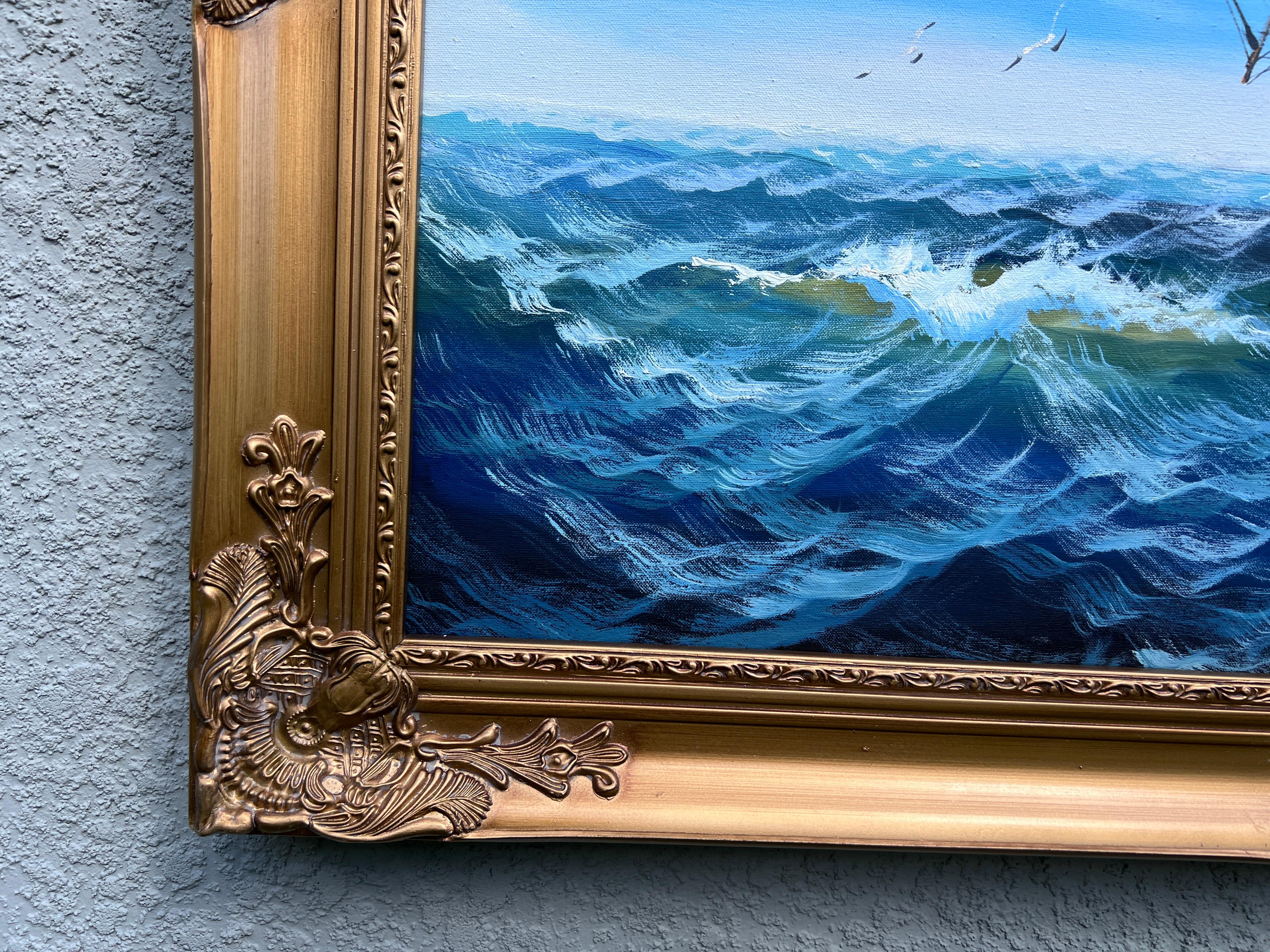 Original Marine Ölgemälde Großes Schiff auf offener See  Nautische Seelandschaftskunst (Grau), Landscape Painting, von Unknown