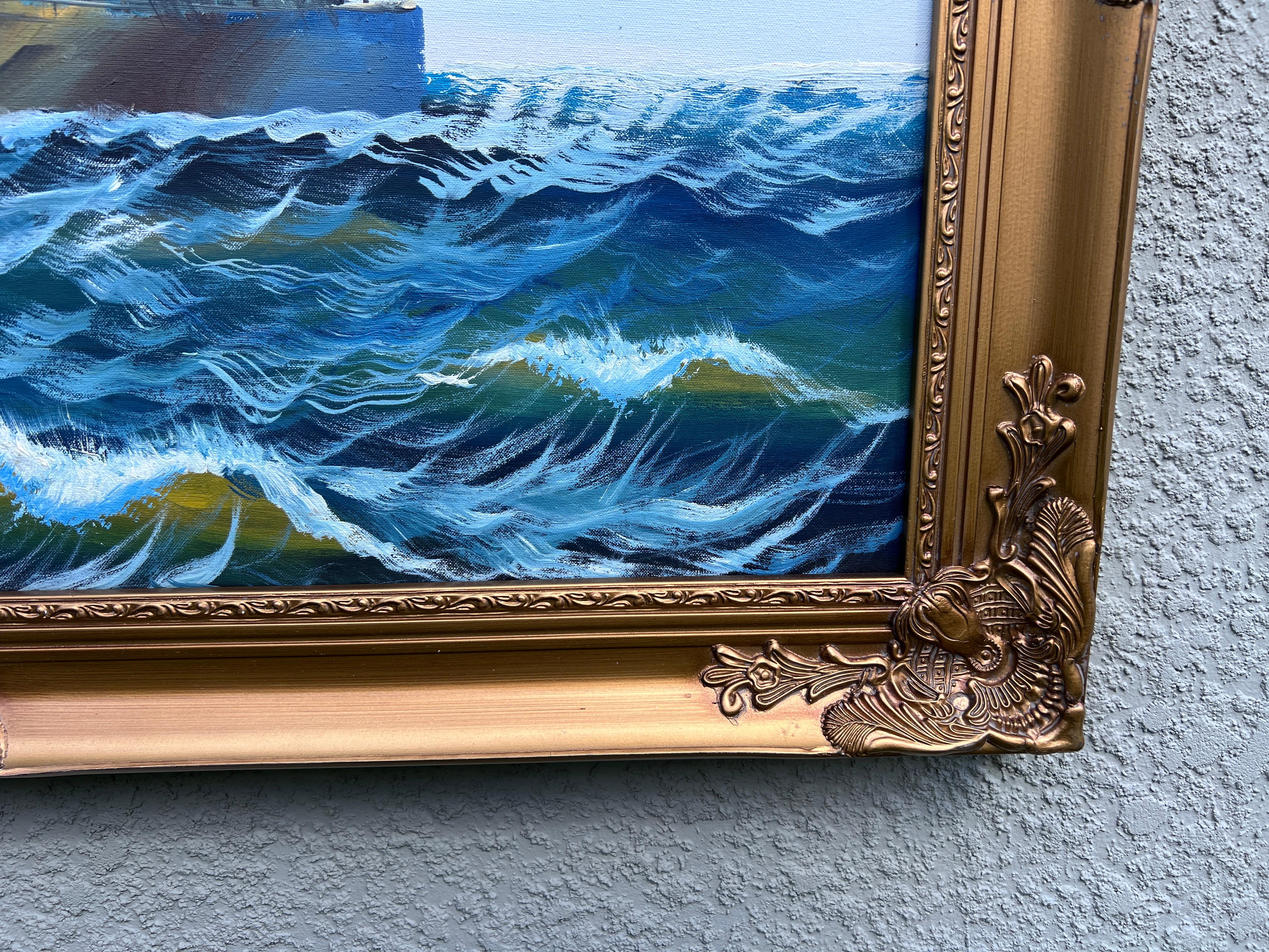 Original Marine Ölgemälde Großes Schiff auf offener See  Nautische Seelandschaftskunst im Angebot 2