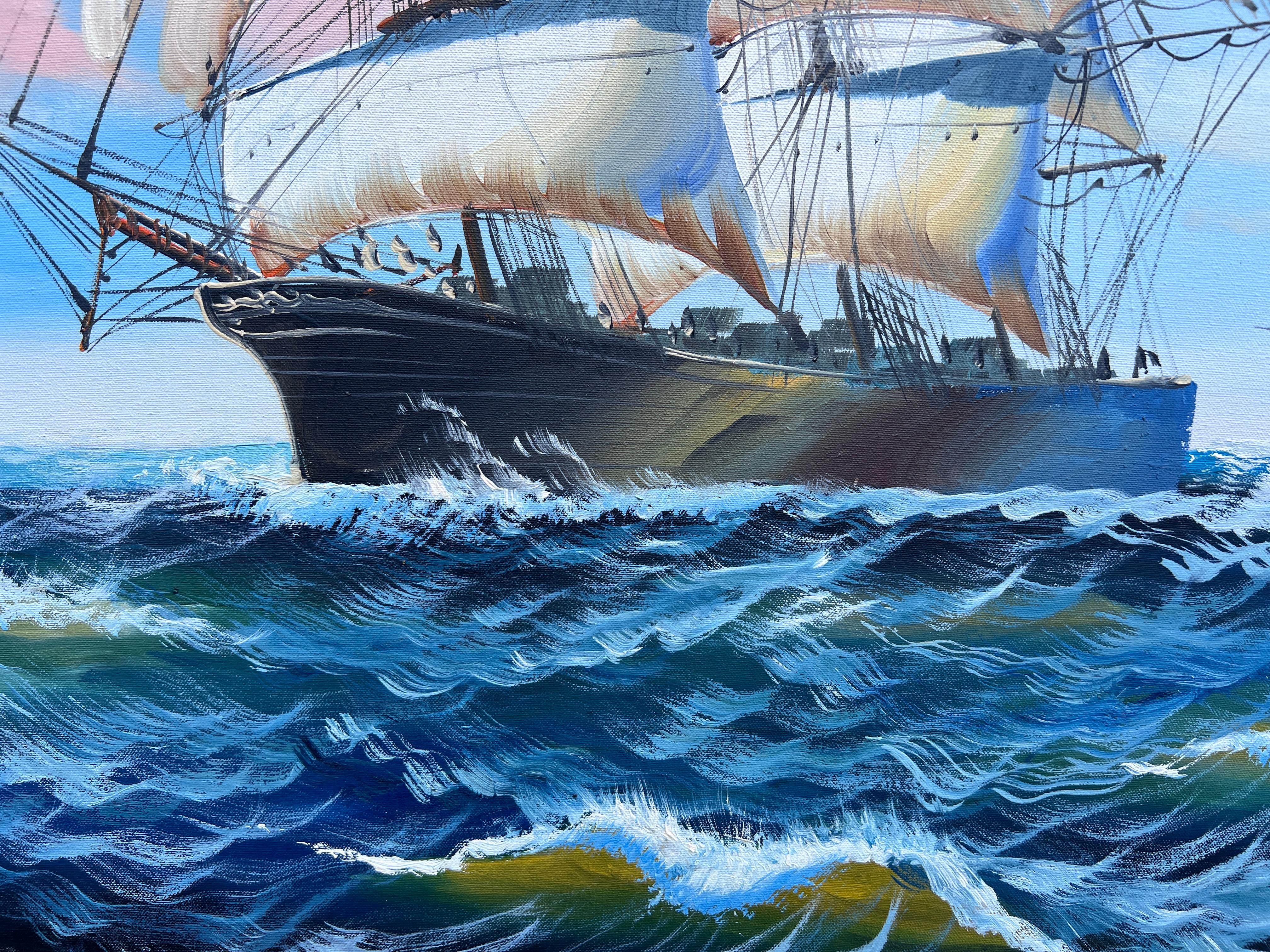 Original Marine Ölgemälde Großes Schiff auf offener See  Nautische Seelandschaftskunst im Angebot 3