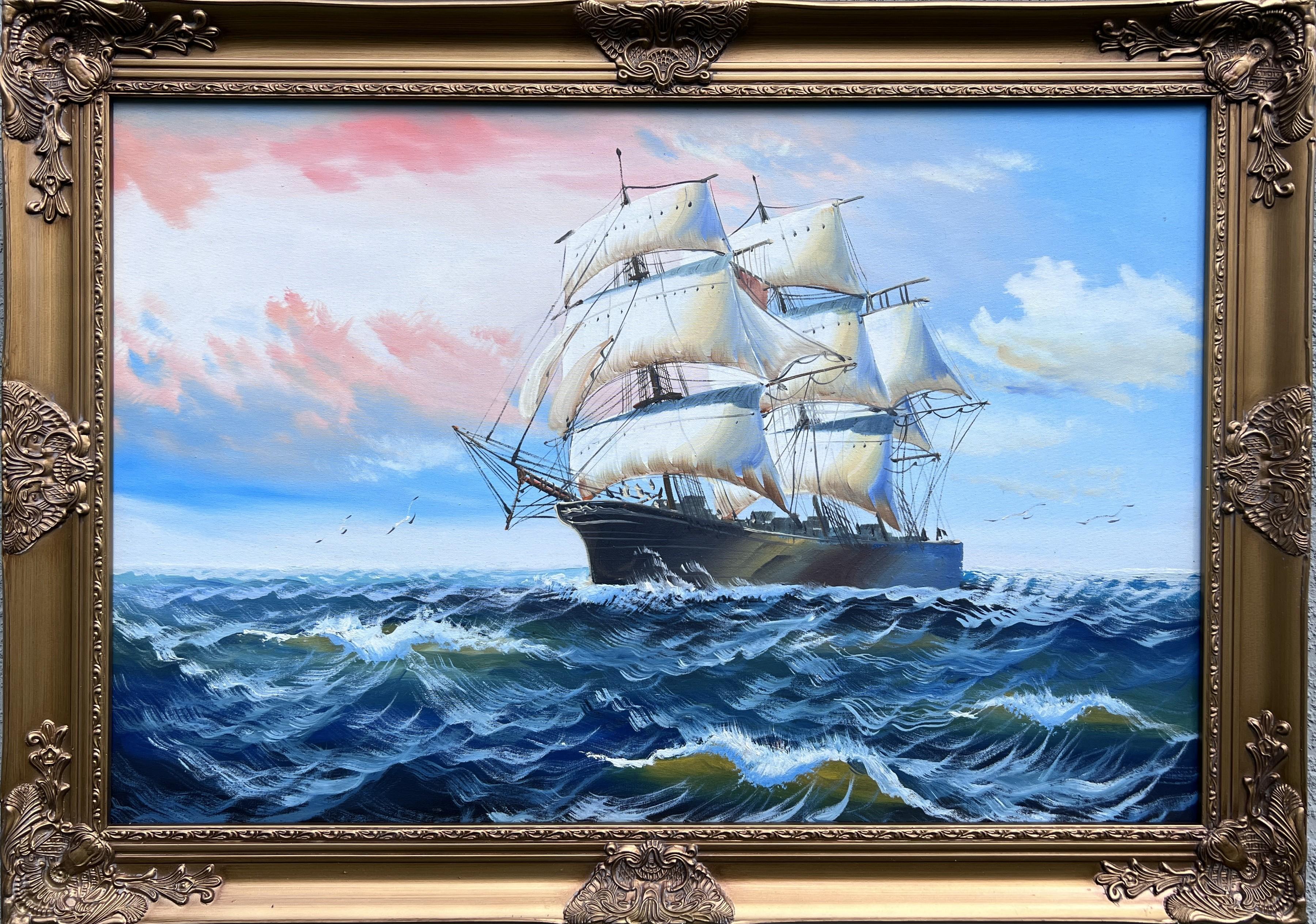 Original Marine Ölgemälde Großes Schiff auf offener See  Nautische Seelandschaftskunst