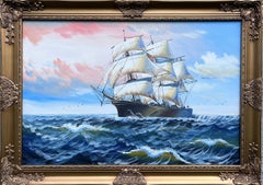 Original Marine Ölgemälde Großes Schiff auf offener See  Nautische Seelandschaftskunst