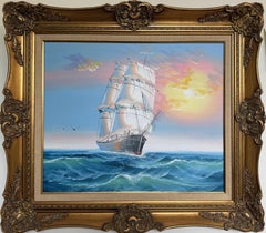 Original Marine Oil Painting Tall Ship on Open Sea Nautical Seascape Gold Frame