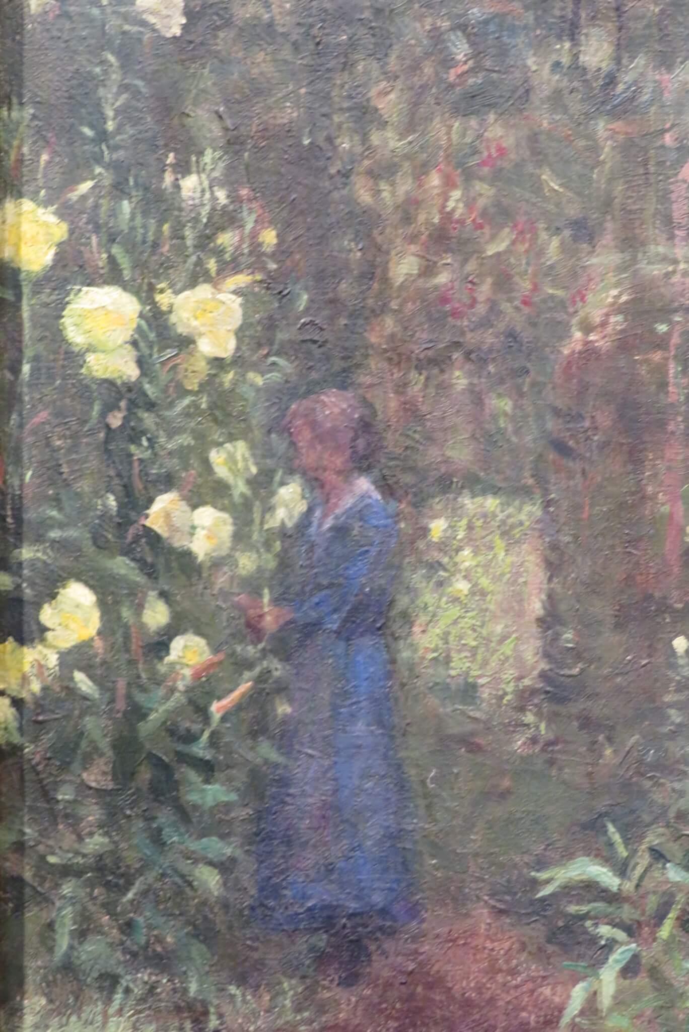 Pittura ad olio originale della metà del 20° secolo, Signora di campagna inglese in un giardino d'estate - Painting Postimpressionismo di Unknown