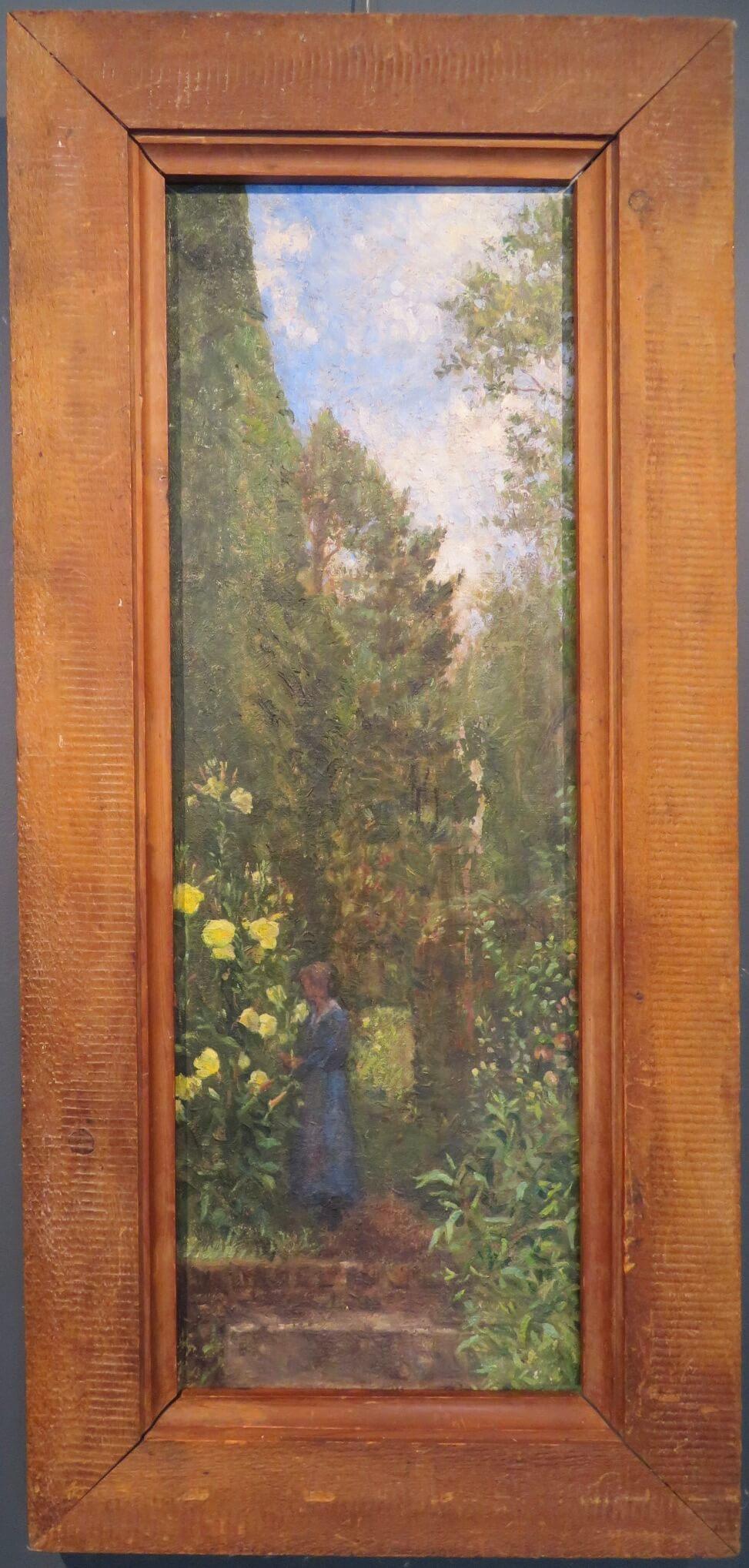 Pittura ad olio originale della metà del 20° secolo, Signora di campagna inglese in un giardino d'estate in vendita 1