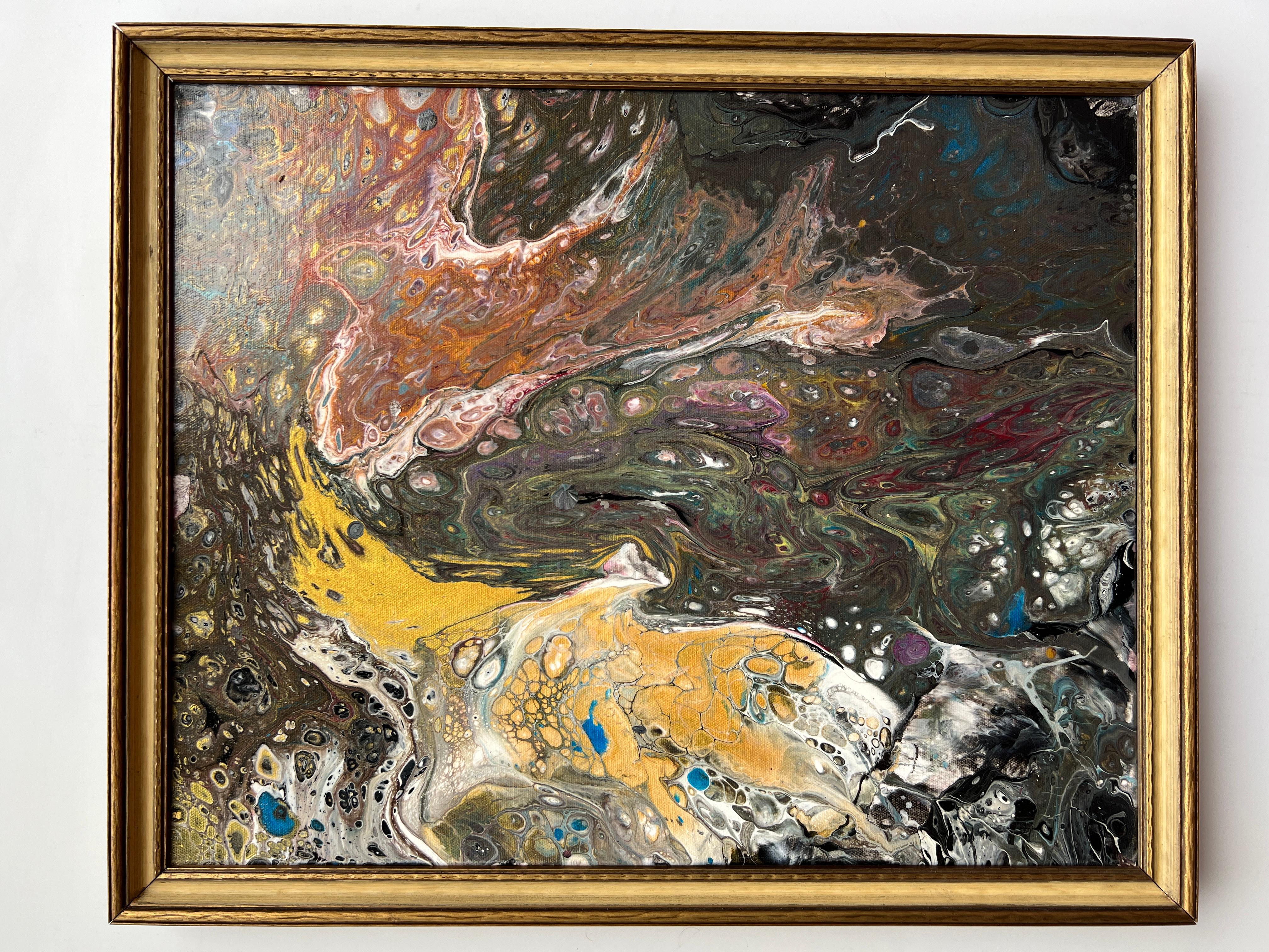 Quadro originale moderno contemporaneo su tela, astratto, stile fantasy, incorniciato - Painting di Unknown