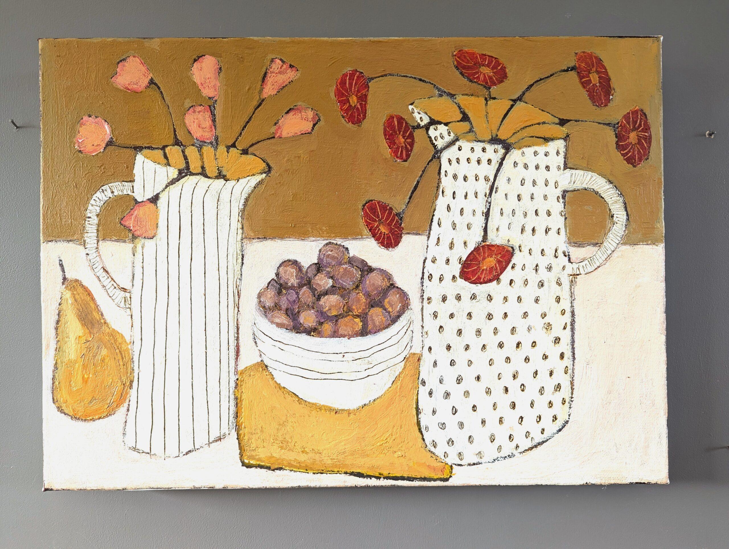 Bodegón modernista original al óleo  - Frutas de verano, flores de verano - Painting de Unknown