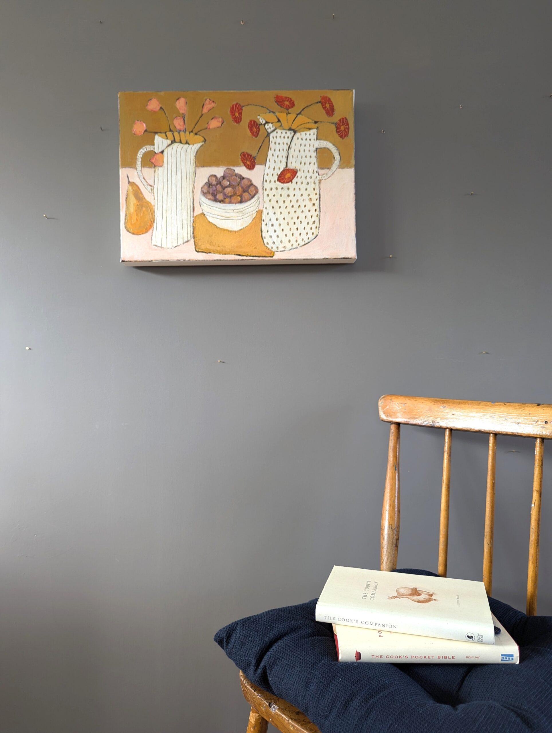 Bodegón modernista original al óleo  - Frutas de verano, flores de verano - Painting Moderno de Unknown