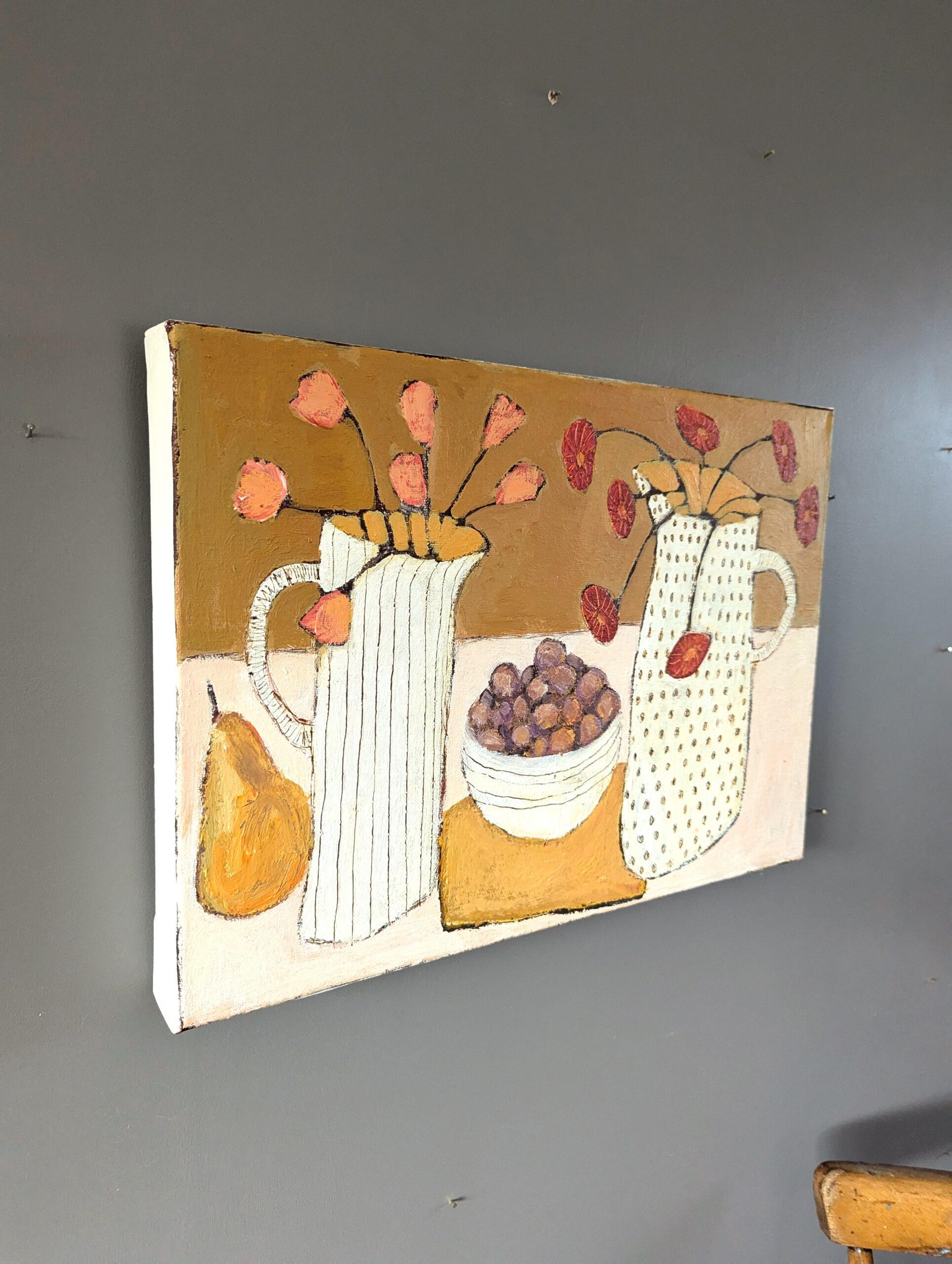 Bodegón modernista original al óleo  - Frutas de verano, flores de verano - Still-Life Painting Beige de Unknown