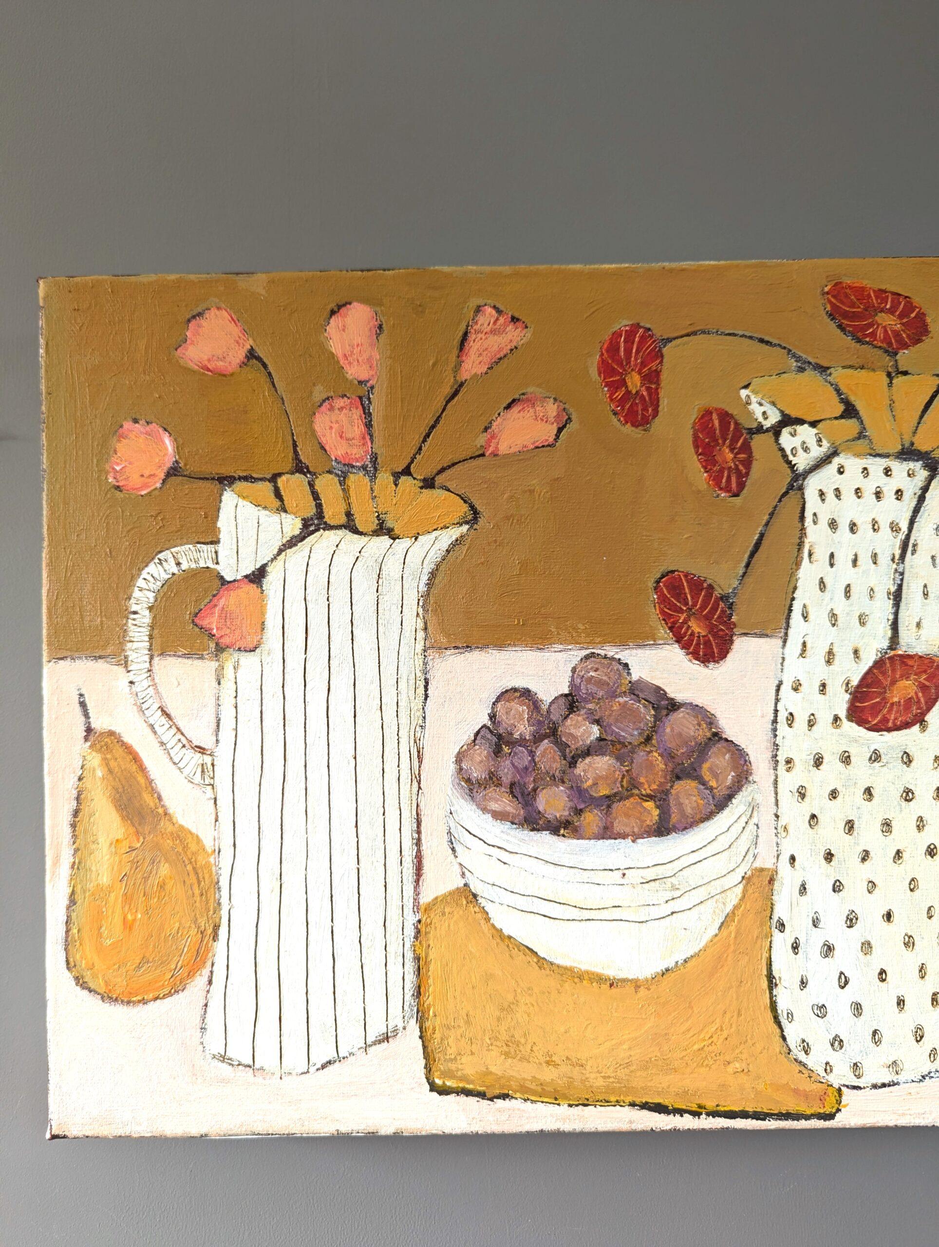 Bodegón modernista original al óleo  - Frutas de verano, flores de verano en venta 1