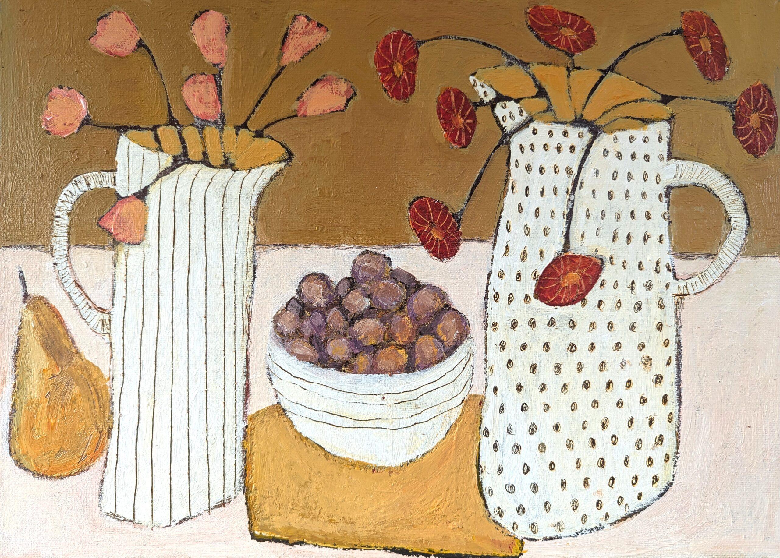 Still-Life Painting de Unknown - Bodegón modernista original al óleo  - Frutas de verano, flores de verano