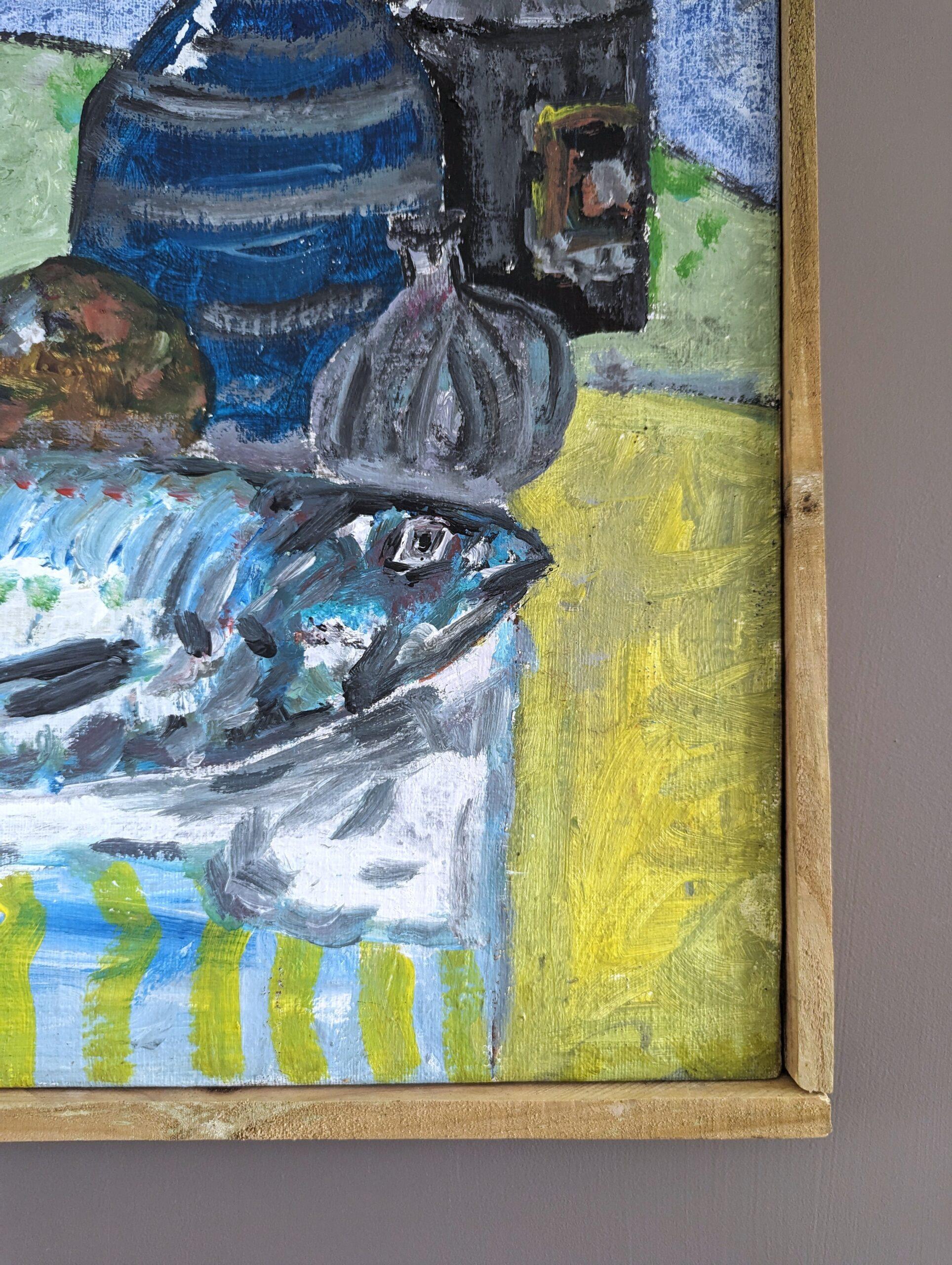 Nature morte à l'huile originale de style moderniste - Poisson sur un plateau 6