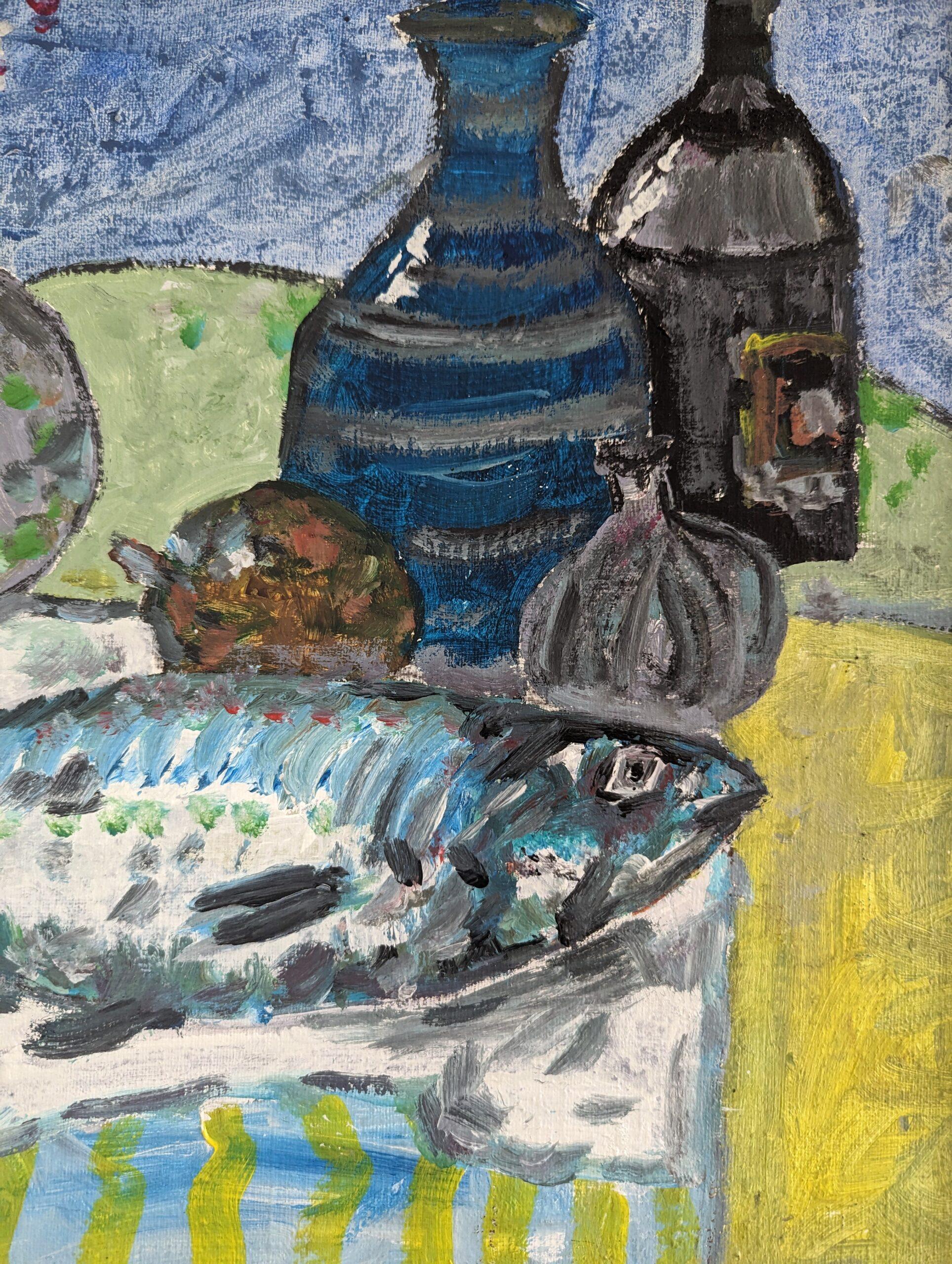 Nature morte à l'huile originale de style moderniste - Poisson sur un plateau 9